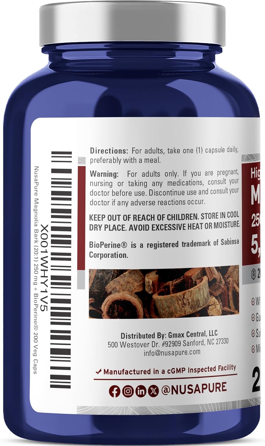 NusaPure Magnolia Bark 20:1 Extract, 250 mg Equivalent to 5,000 mg 200 Vegan Vegetarian Capsules Non-GMO - Image 3