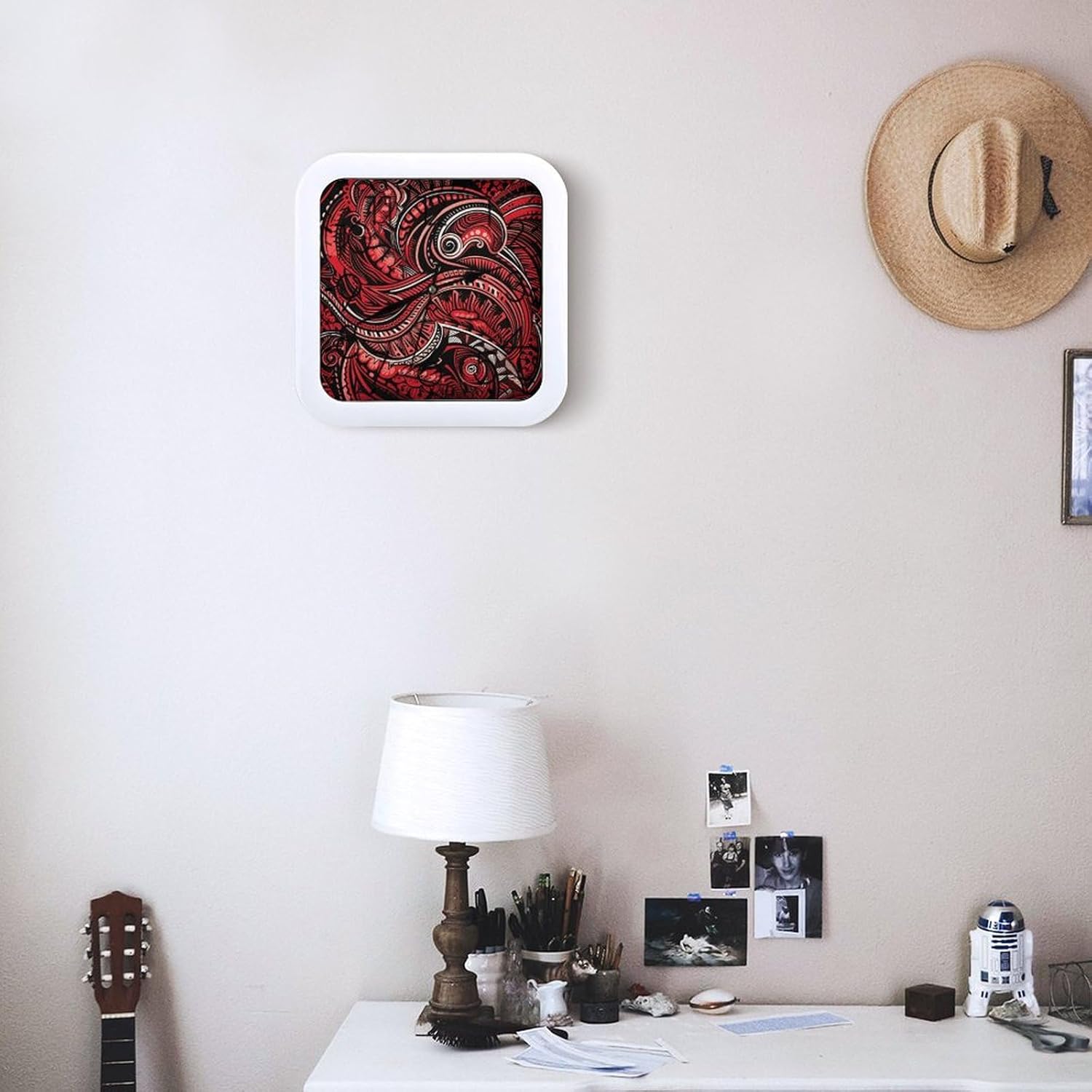 Clock Wall Clock Mantel Clock Sophisticated Black and Red Printed Retro Wall Clock Clock for Bedroom Suitable for Office Bedroom Living Room Kitchen