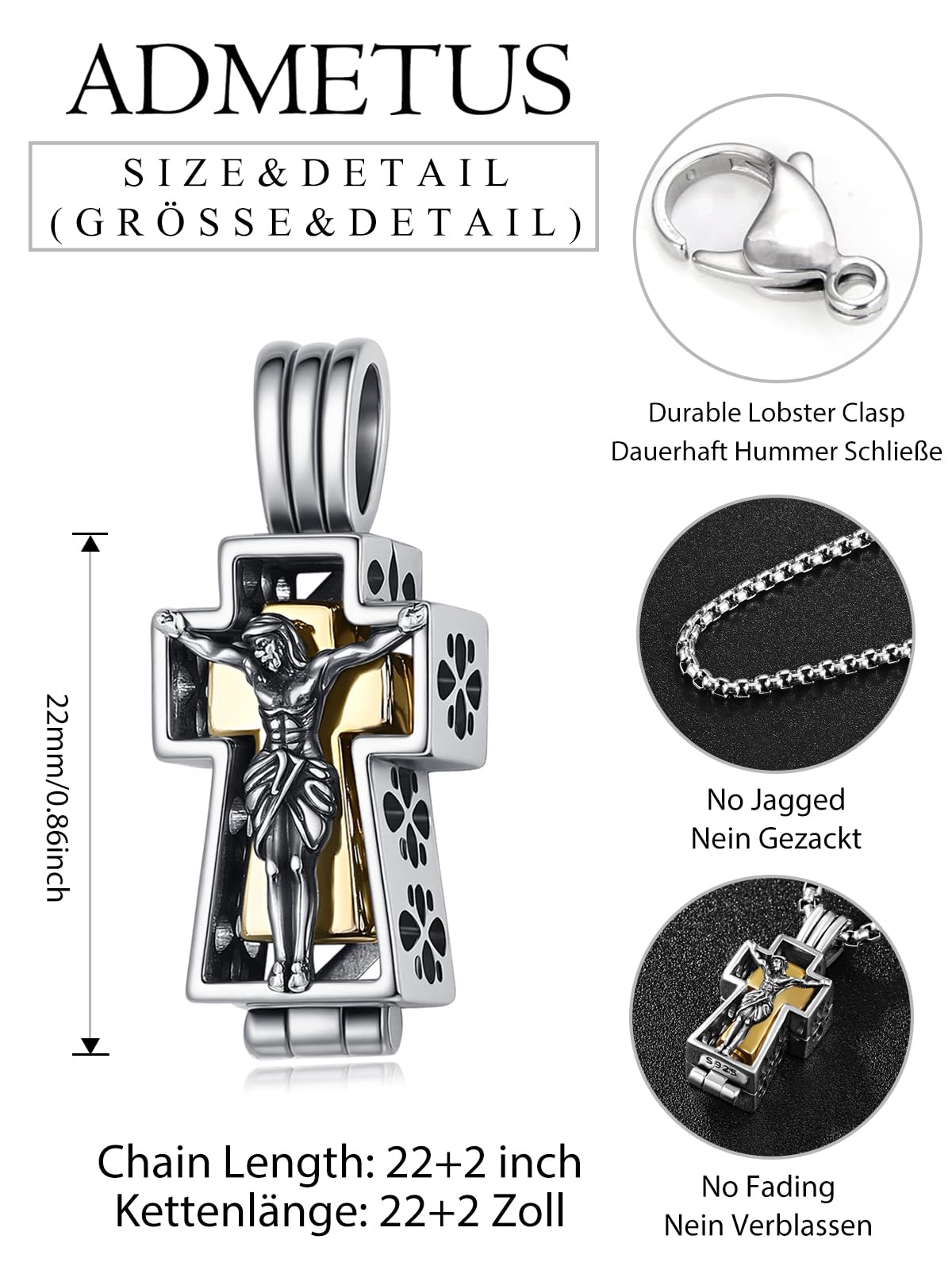 ADMETUS 925 Silber Heiliger Kreuz Urnen Anhänger Ascheanhängerkett Einäscherung Schmuck für Asche Memorial Geschenke für Männer mit 2,5 mm 22"+2" Rolo Ketten
