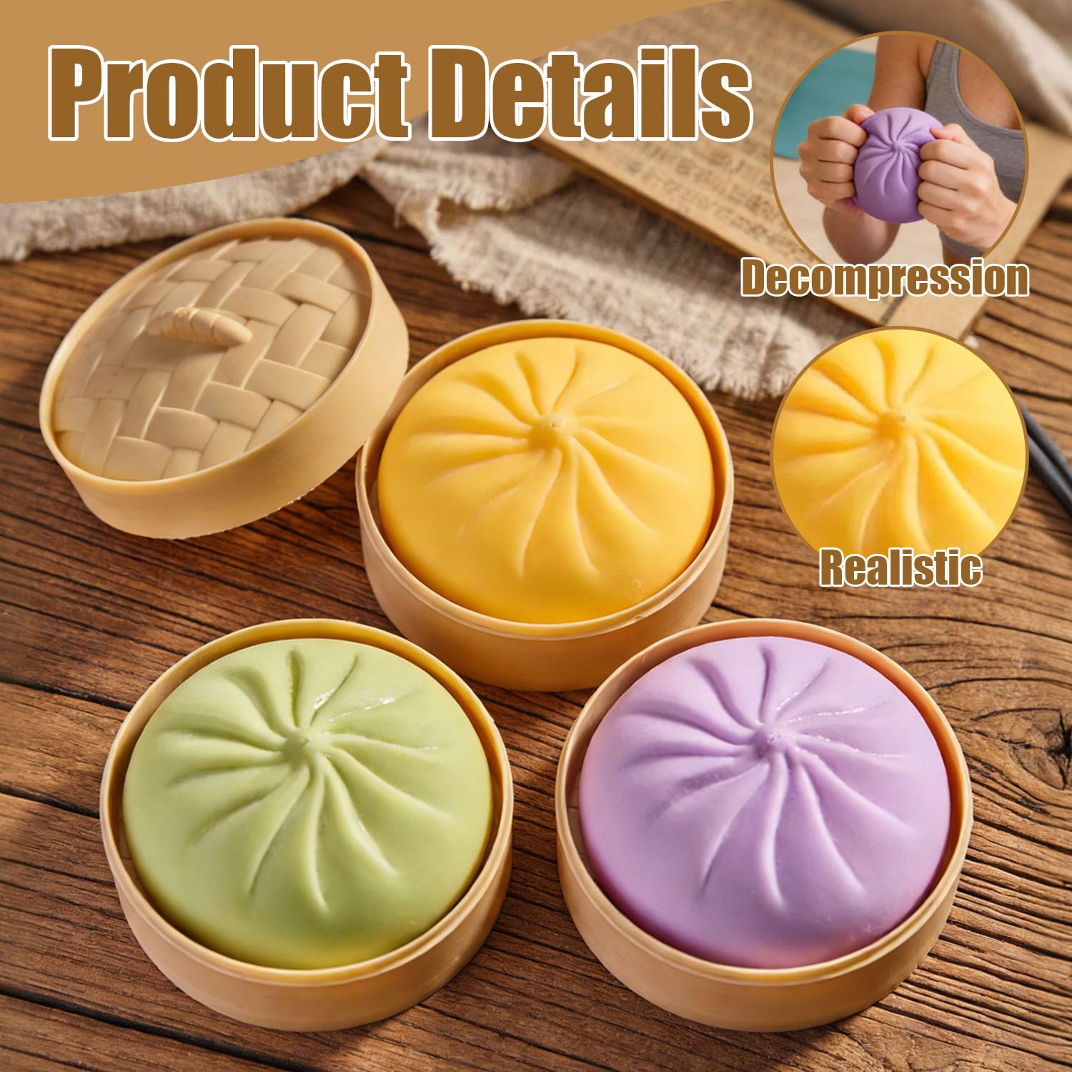 Bollo Antiestrés con Vaporera, 3 Piezas Juguete para apretar sensorial con Bollo Gigante al Vapor, Gigante Squishy Dumpling Juguete, Juguete para Apretars con Bola De Masa, para aliviar la ansiedad — view 3