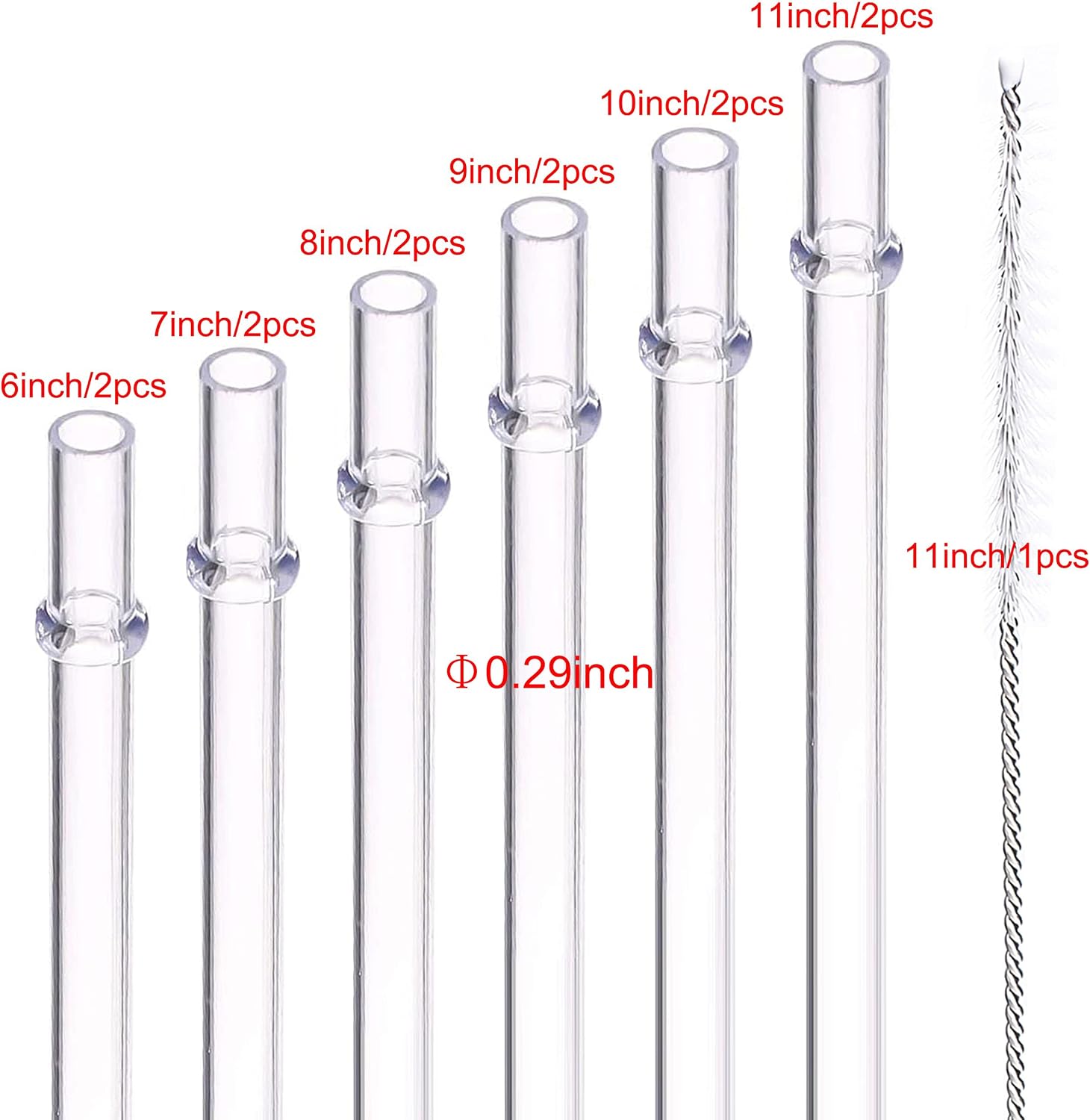 DAKOUFISH 6 Inch 7 Inch 8 Inch 9 Inch 10 Inch 11 Inch Clear Reusable Plastic Drinking Straws for 6oz-40oz Jars/Tumbler,12Pcs With One Cleaning Brush (Clear straws,Mix size)