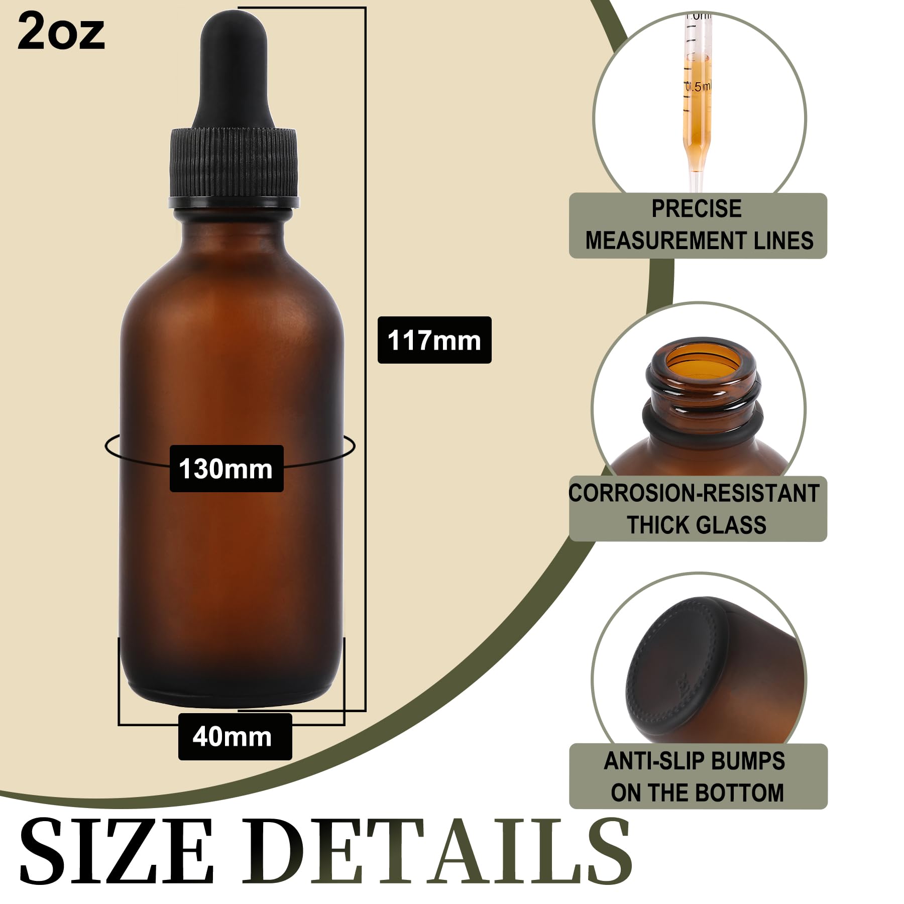 NOOEEISS Flacon compte-gouttes en verre de 60 ml, flacons de teinture de texture preety avec écailles précises, gouttes oculaires, pour tous les types de liquides mélangés, design anti-fuite pour un