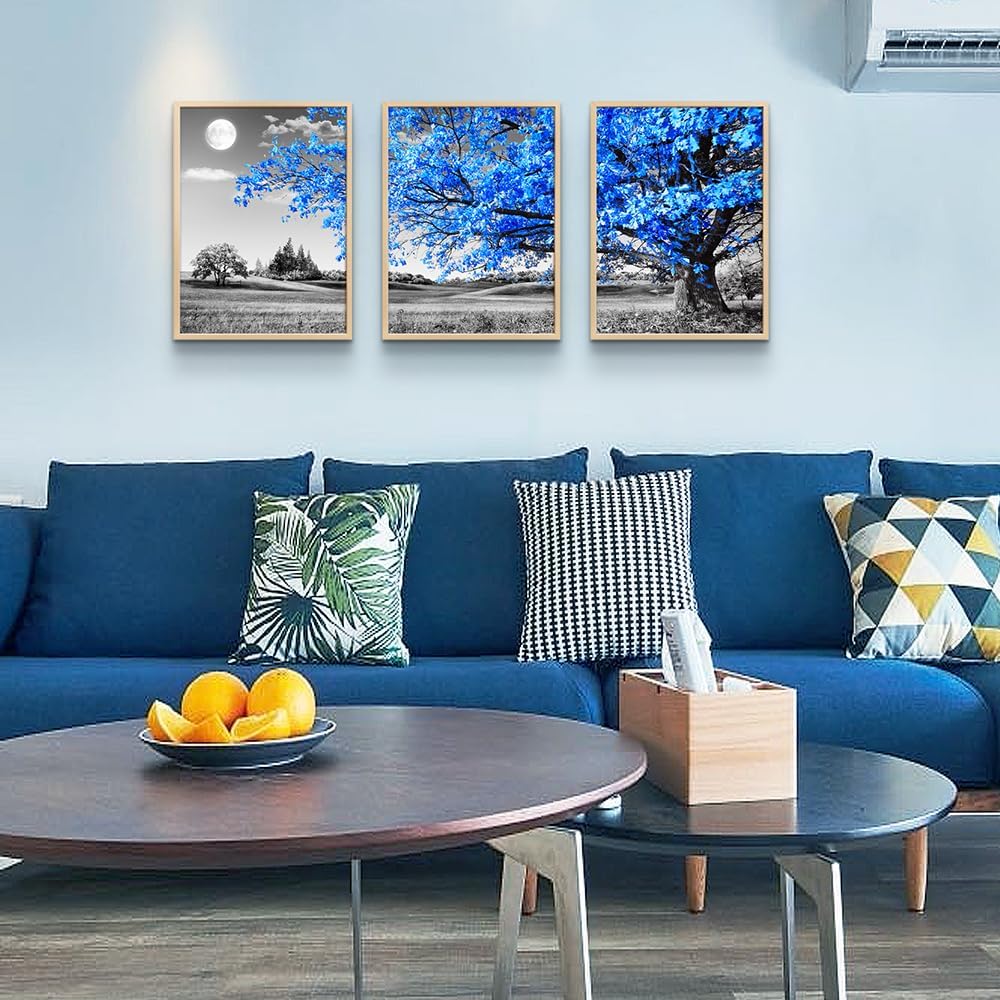 Blue Trees and Moon Landscape Canvas Print Set