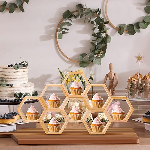 Miniatura 5 de Kigley 8 piezas de mini panales de panal, soporte hexagonal de madera para pasteles, letrero flotante hexagonal para mesa de baby shower, fiesta de