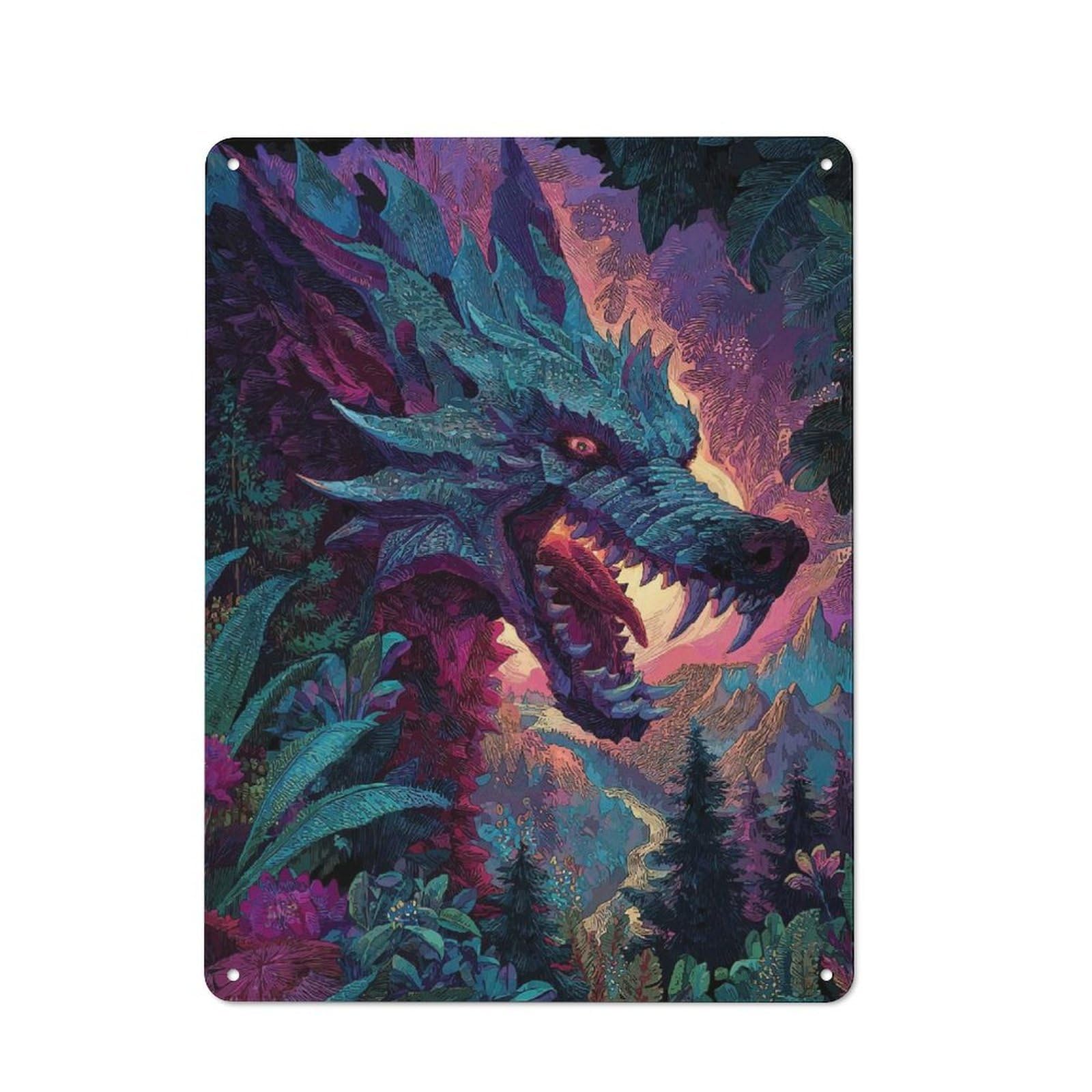 Retro Metal Sign with Dragon Lush Landscape Design 40x30cm, Nostalgic Vintage Wall Decor for Kitchen, Hallway, Bar Or Small Cafe