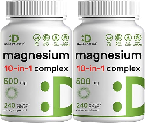 Complejo de magnesio de 500 mg, 480 cápsulas vegetales  Glicinato, citrato, malato y más 100% quelado para una fácil absorción  Suplemento mineral