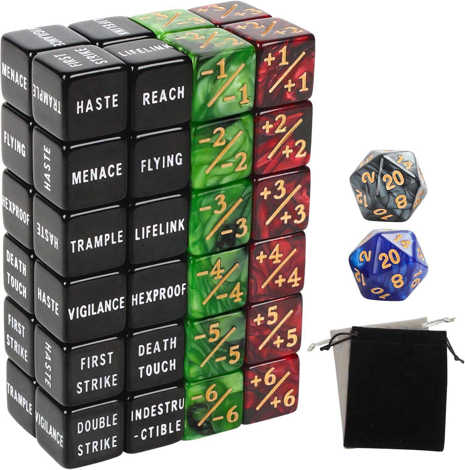 50 Pieces Engraved Version Abilities Keywords Counter Dice Complete Set with Black Buff Tokens for Magic The Gathering, MTG, TCG, and Trading Card Game Accessories