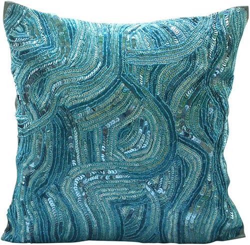 The HomeCentric Funda de almohada decorativa azul, funda de almohada con purpurina abstracta con cuentas de lentejuelas, 18 x 18 pulgadas (17.7 x
