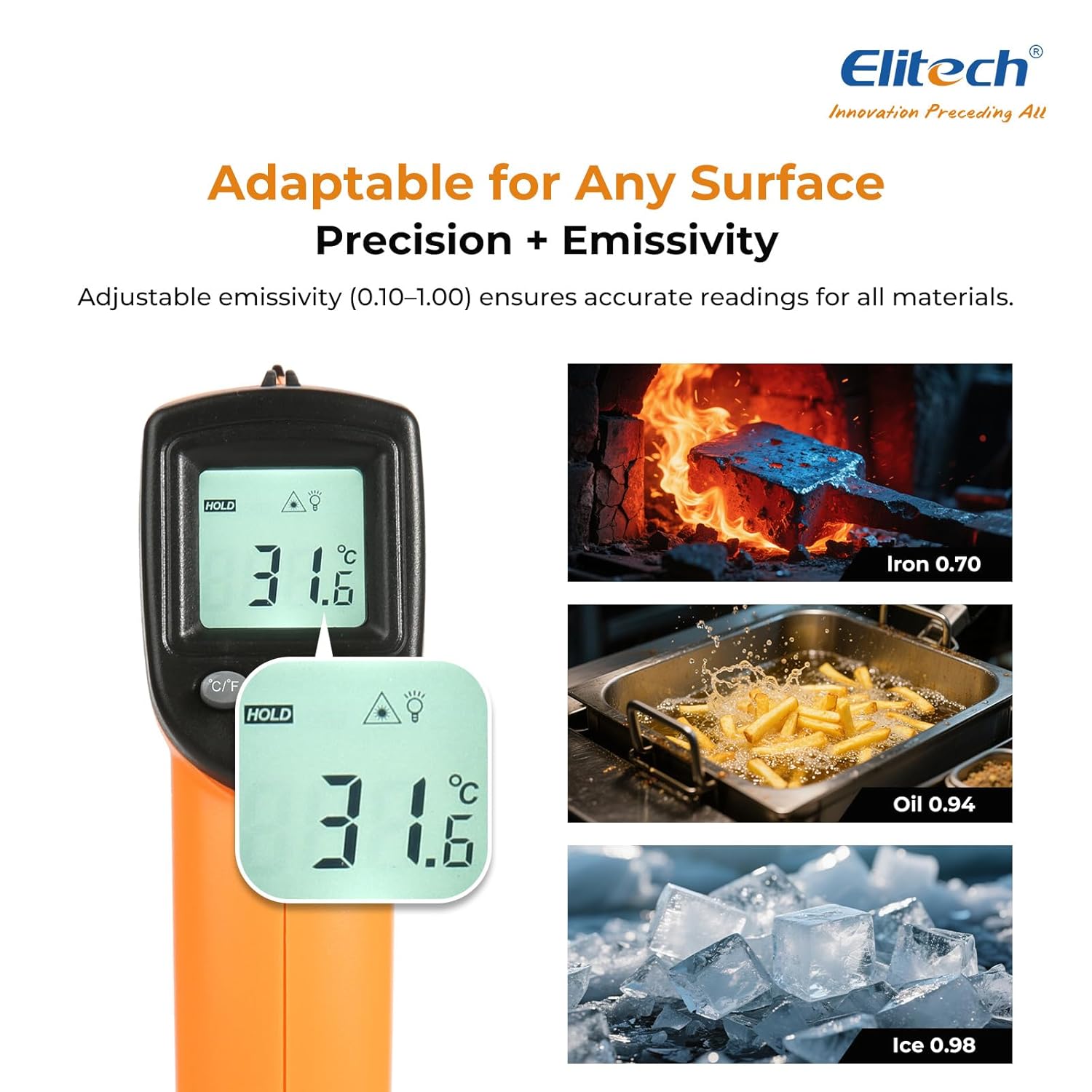 Elitech DIT-220 thermometer displaying temperature and emissivity settings, with examples of different materials (iron, oil, ice) and their typical emissivity values