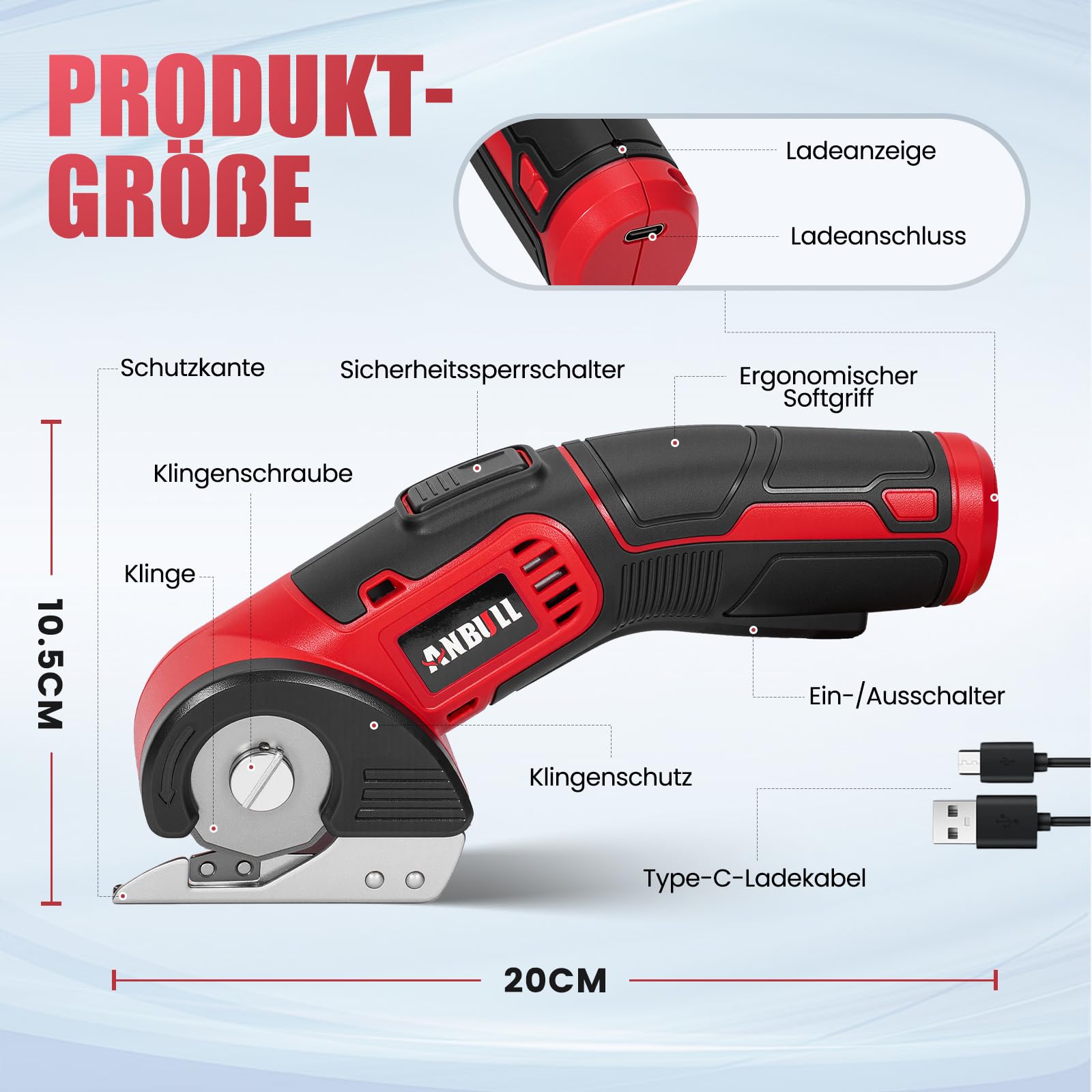 Anbull Kartonschneider Elektrische Schere 4V Kabellose Rollschneider Akku, Elektrische Stoffschere für Stoffe & Nähen, USB aufladbar, für Leder, Karton, Kunststoff, leicht, sicher, DIY