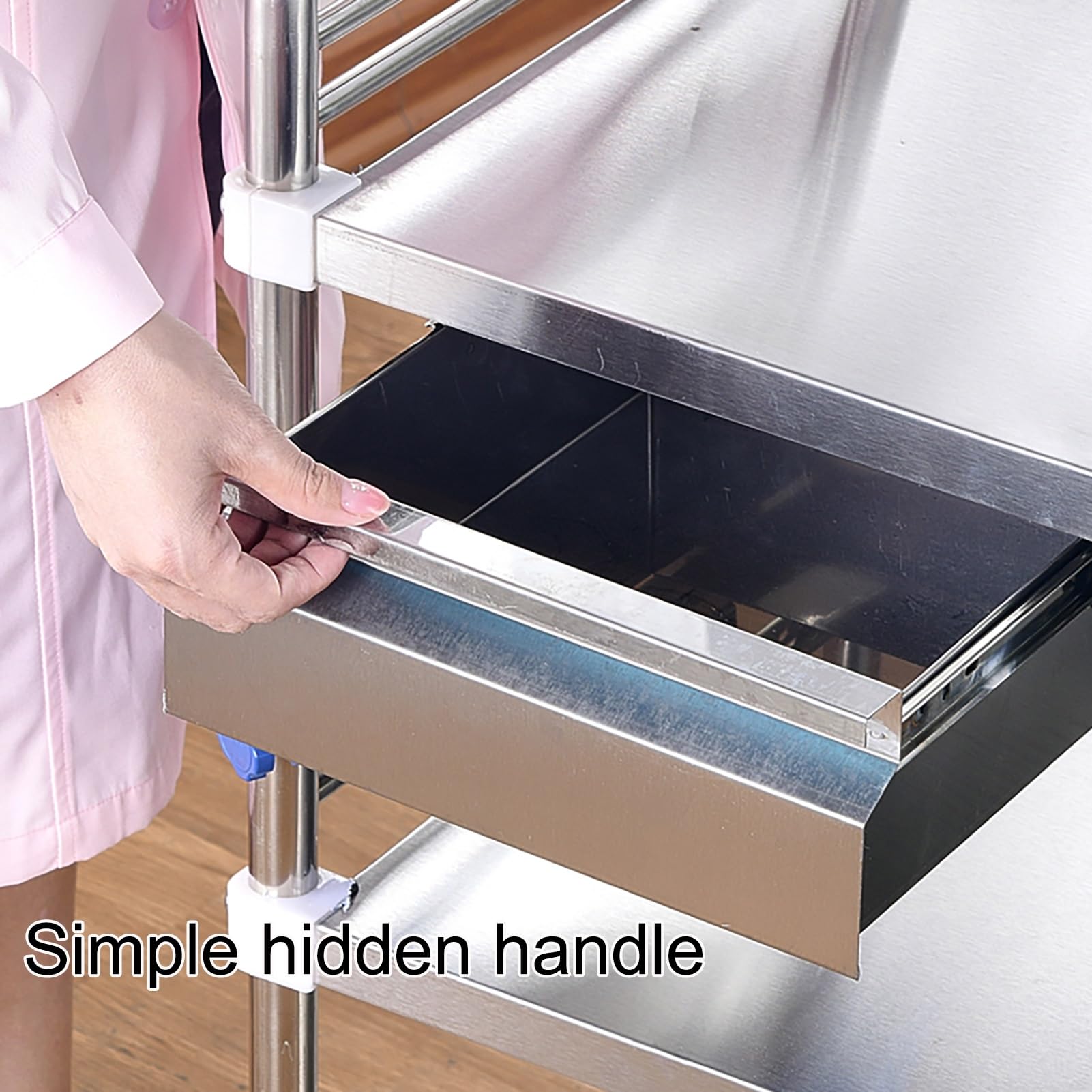 Tavoli da lavoro in acciaio inox con carrello con ruote, con 2 ripiani e 1 cassetto, carrello portaoggetti per ristorazione con rotazione a 360°, per ufficio, ristora,66*44*88cm/26*17.5*35 in