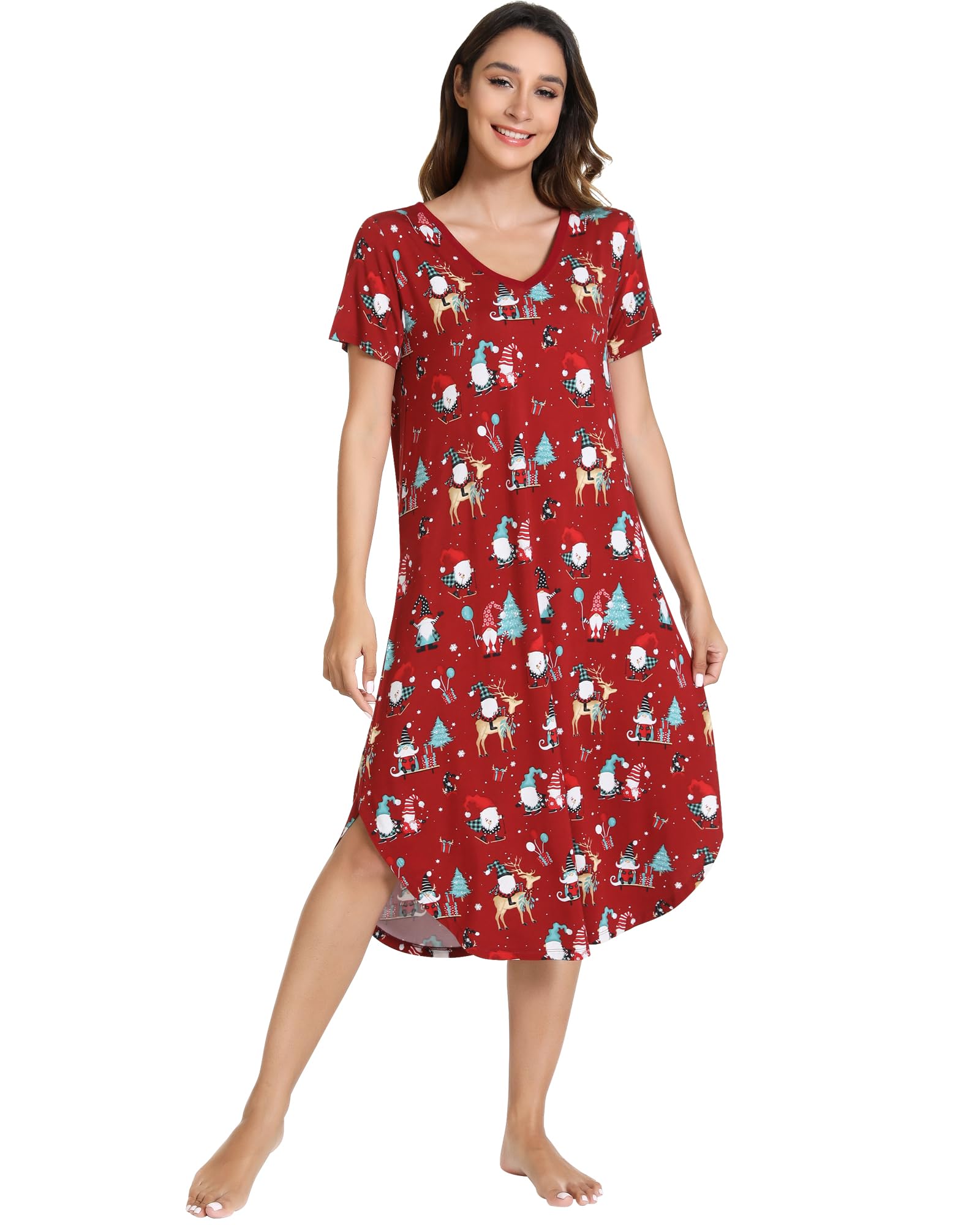 NACHILA Bamboo Viscose Nightgowns for Women Cooling Short Sleeve Sleepshirt | Soft V Neck Night Gowns, Moisture-Wicking Sleepwear for Hot Flashes &amp; Night Sweats, Ladies Nightshirts for Sleep, Home, Gift