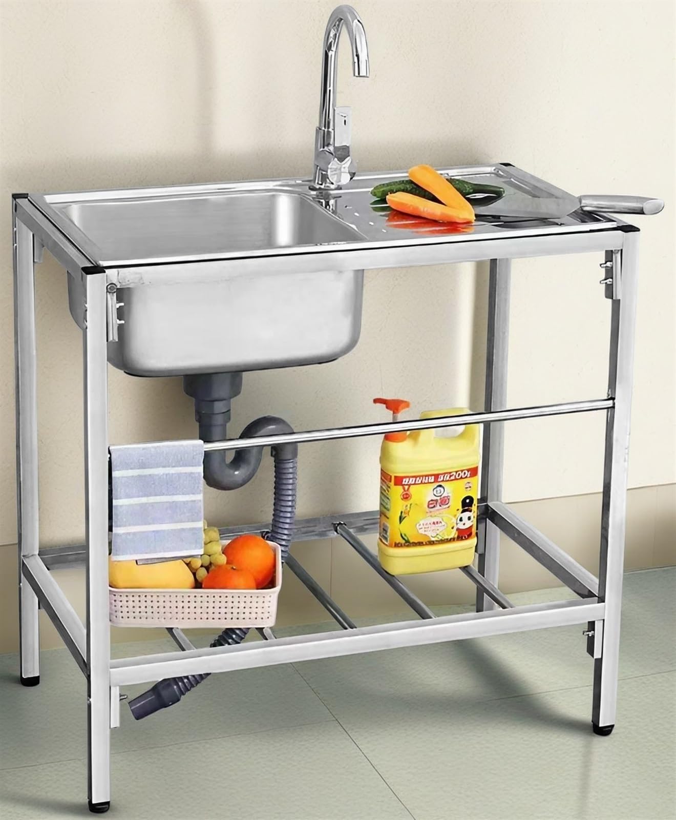 Évier de cuisine en acier inoxydable lavabo simple autonome avec support pour restauration