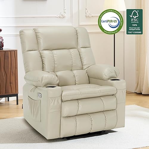 Miniatura 115 de MCombo Silla reclinable eléctrica de doble motor para personas mayores, silla elevadora plana con calor y masaje, portavasos, puertos USB, piel