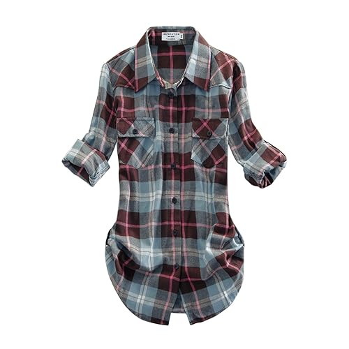Match Womens Button Down Flannel Plaid Shirts roll up Long