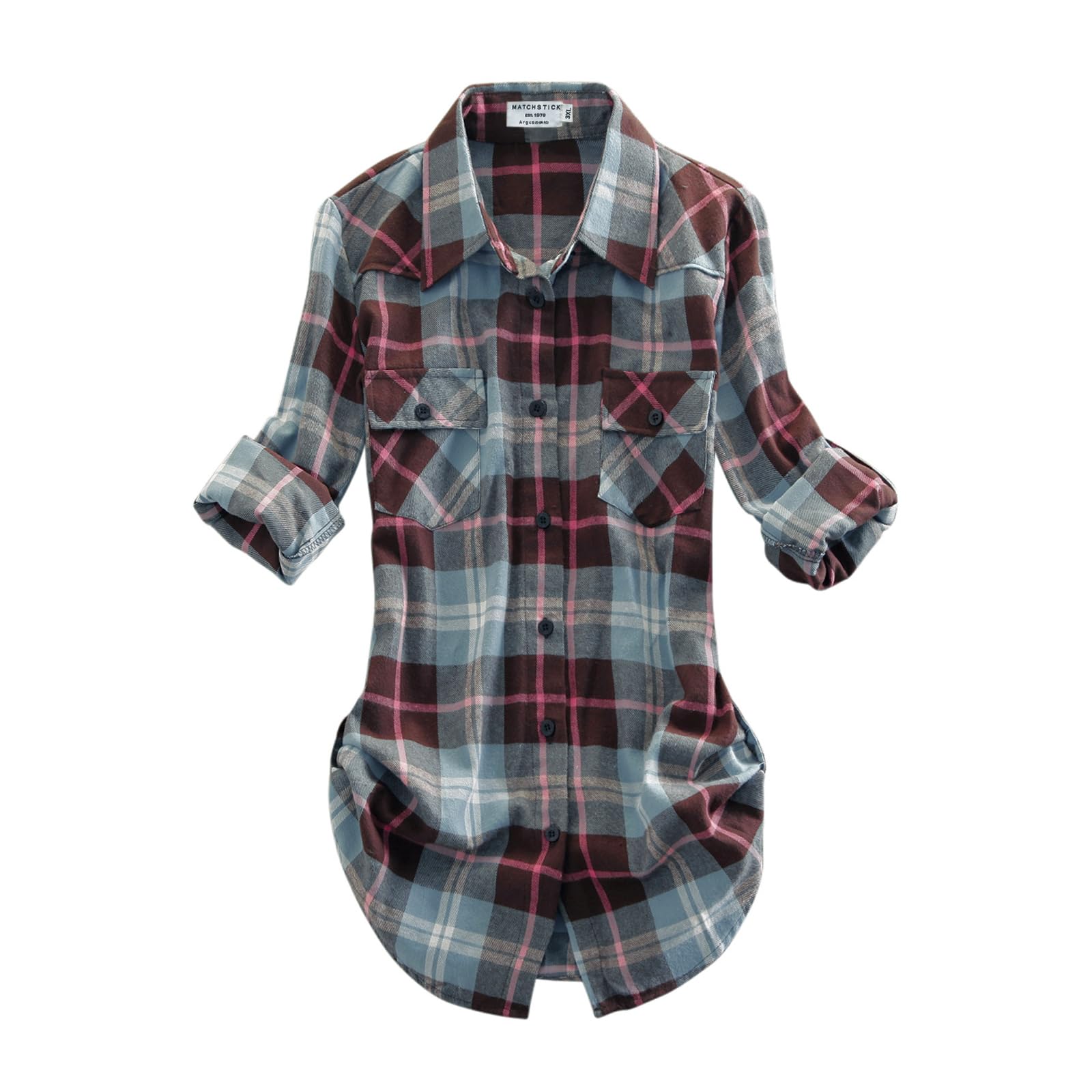 Match Womens Button Down Flannel Plaid Shirts roll up Long Sleeve Shackets Business Blouse Top Medium Multicolor