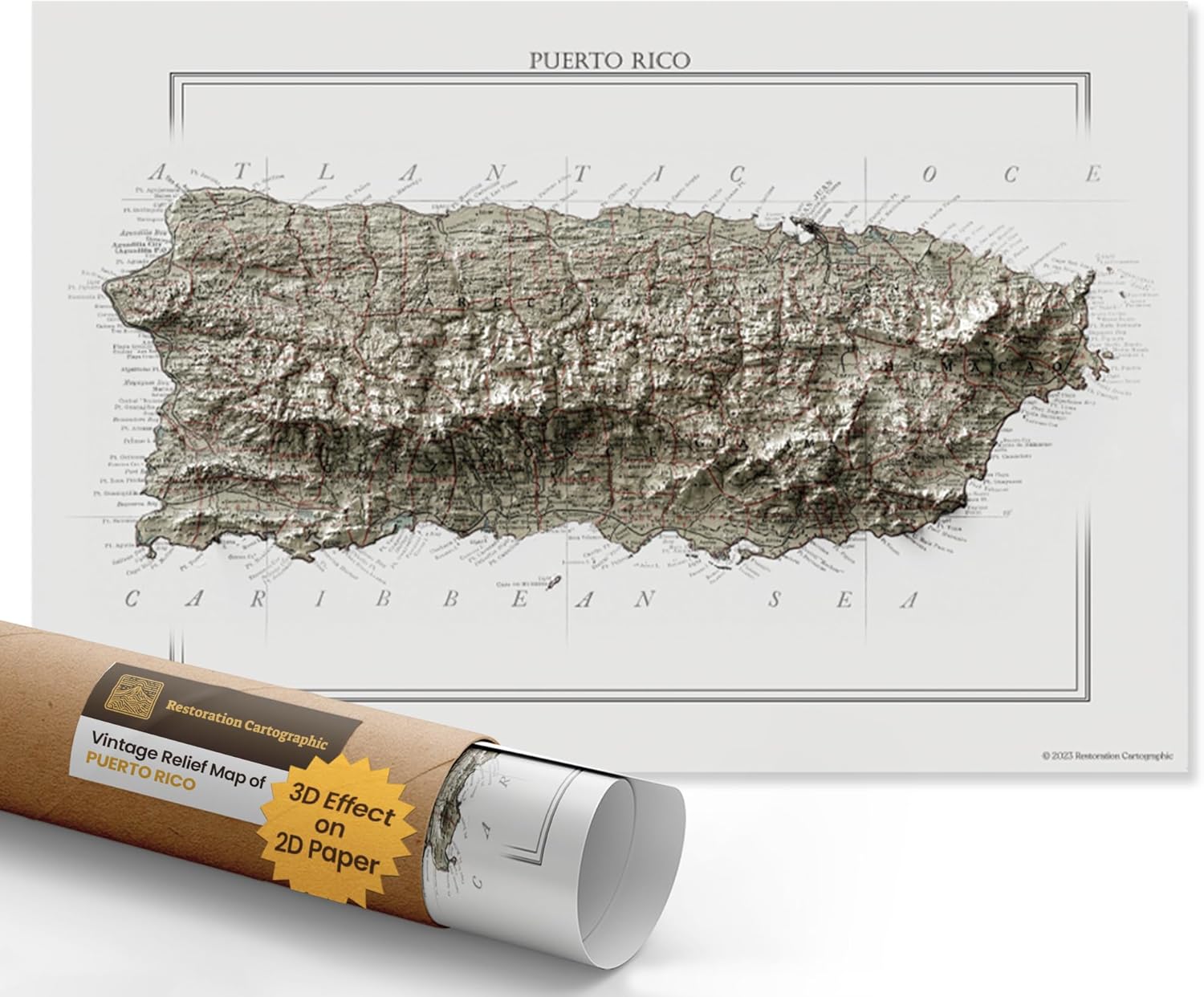 Wall Map of Puerto Rico Vintage Shaded Relief Print, 2D Topographic Wall Art for the Home or Office, Countries Maps, 24 x 36 Inches, Made in USA