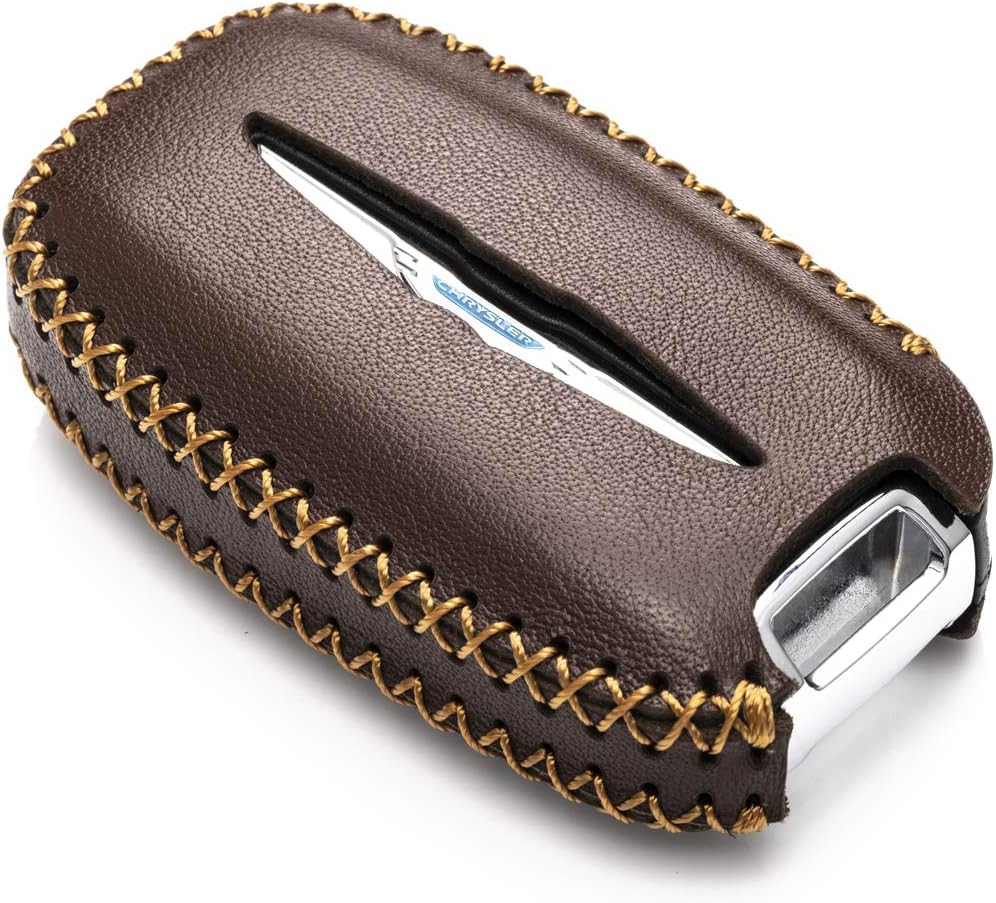 Vitodeco Genuine Leather Smart Key Fob Case Cover Protector with Leather Key Clap Compatible for Chrysler Pacifica 2017 - 2023 (7-Button, Brown)