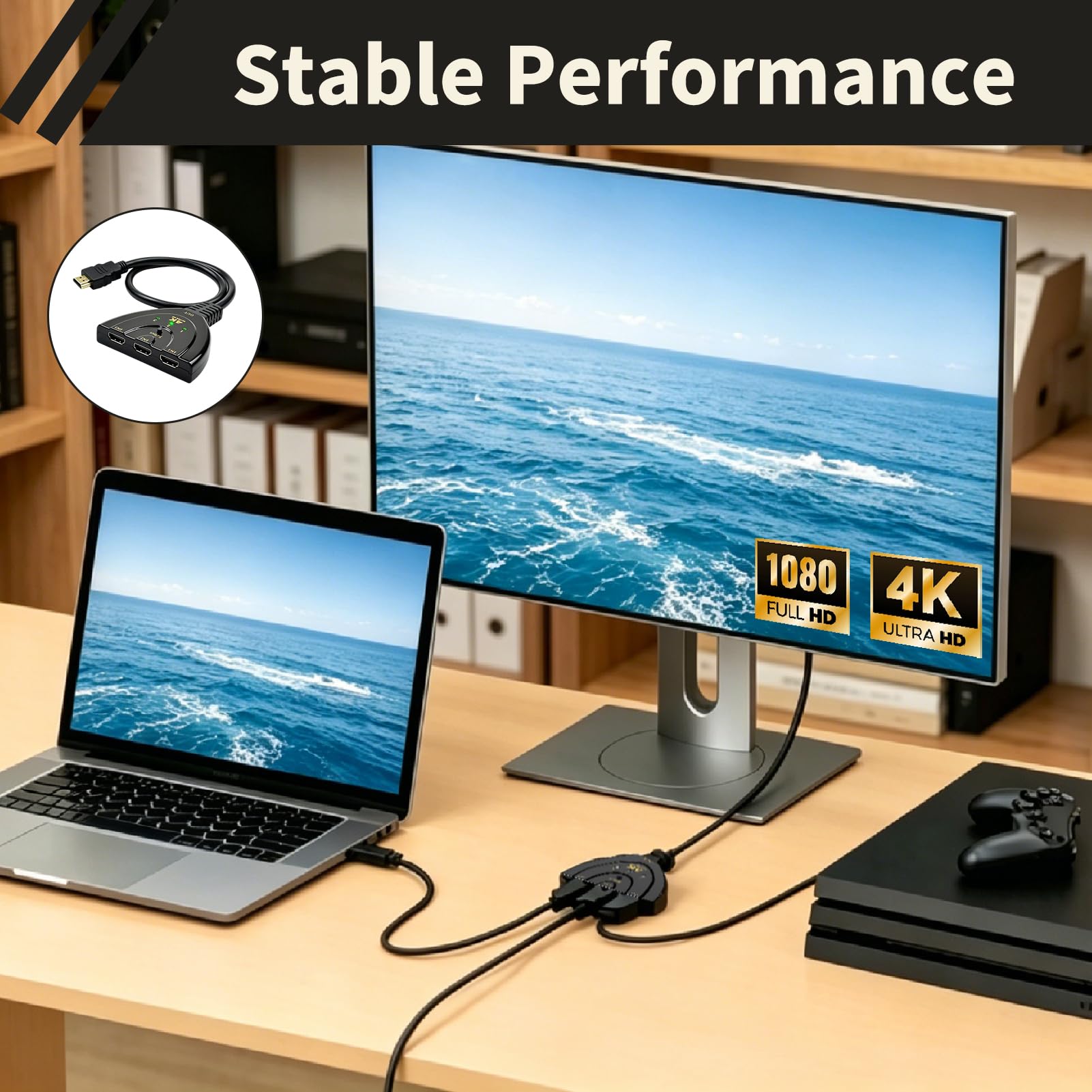 HDMI Switch 3 In 1 Out, HDMI Umschalter Automatisch 4K 30Hz Verteiler, Manueller für PS5 PS4 Xbox PC Laptop Blu-ray TV Monitor Beamer, Plug Play ohne Stromversorgung mit Stabiler Signalübertragung