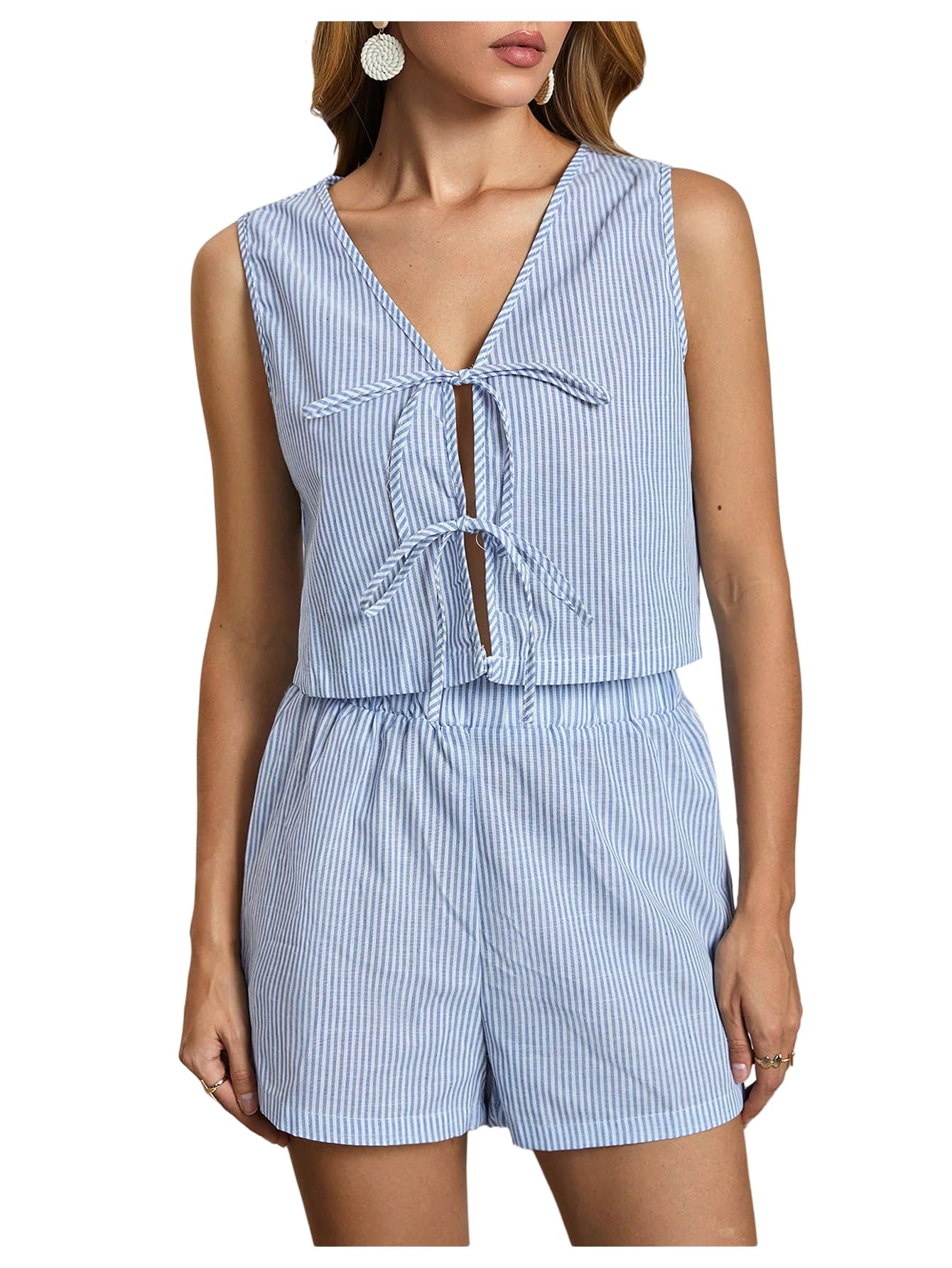 WDIRARA Women's Striped 2 Piece Outfits V Neck Bow Tie Front Tank Top Shorts Set Matching Clothes Set