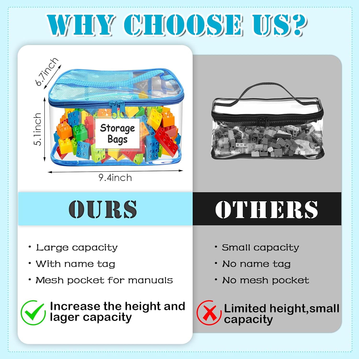8 Pack Large Clear Toy Storage Bags with Zipper, 9.4 × 6.7 × 5.1 in Waterproof PVC Organizer Bags for Board Games, Puzzles & Home Organization, Includes Name Tag