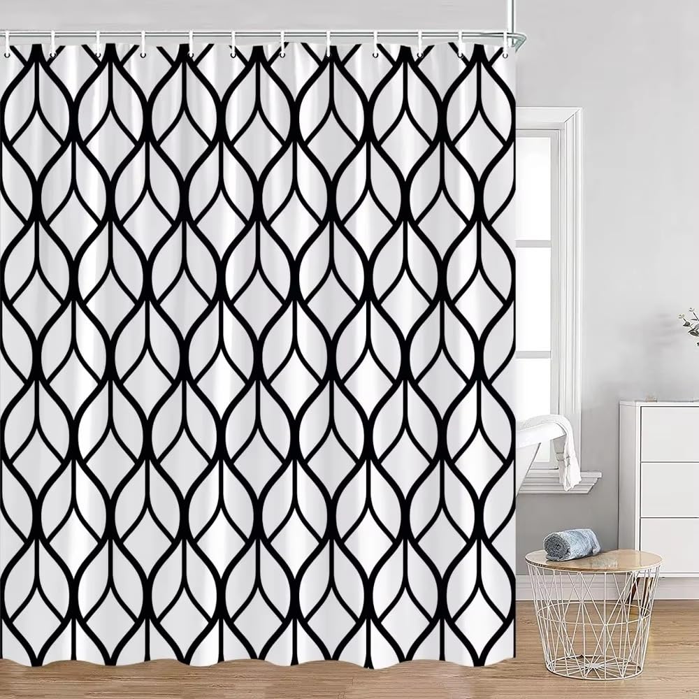 Cortina de Ducha 240x200 En Blanco y Negro con Diseño Geométrico y Ganchos,Tela Impermeable,Lavable a Máquina,Ideal para decoración de Baño de Casa y Hotel,240Anx200Al cm (1 Panel).