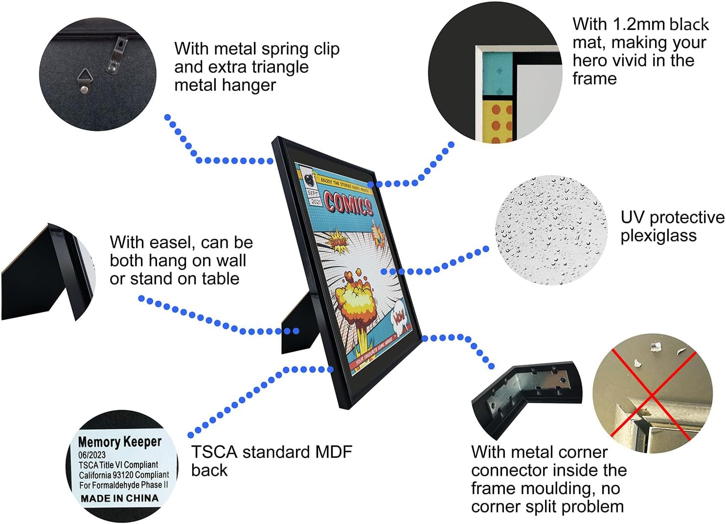 Comic Book Frame, 8 Pack, UV Protection,Black Mat, Fits Current Comics up to 6 3/4" x 10 1/4", Wall or Tabletop Display,Spring Clips for Thicker Comics as Well