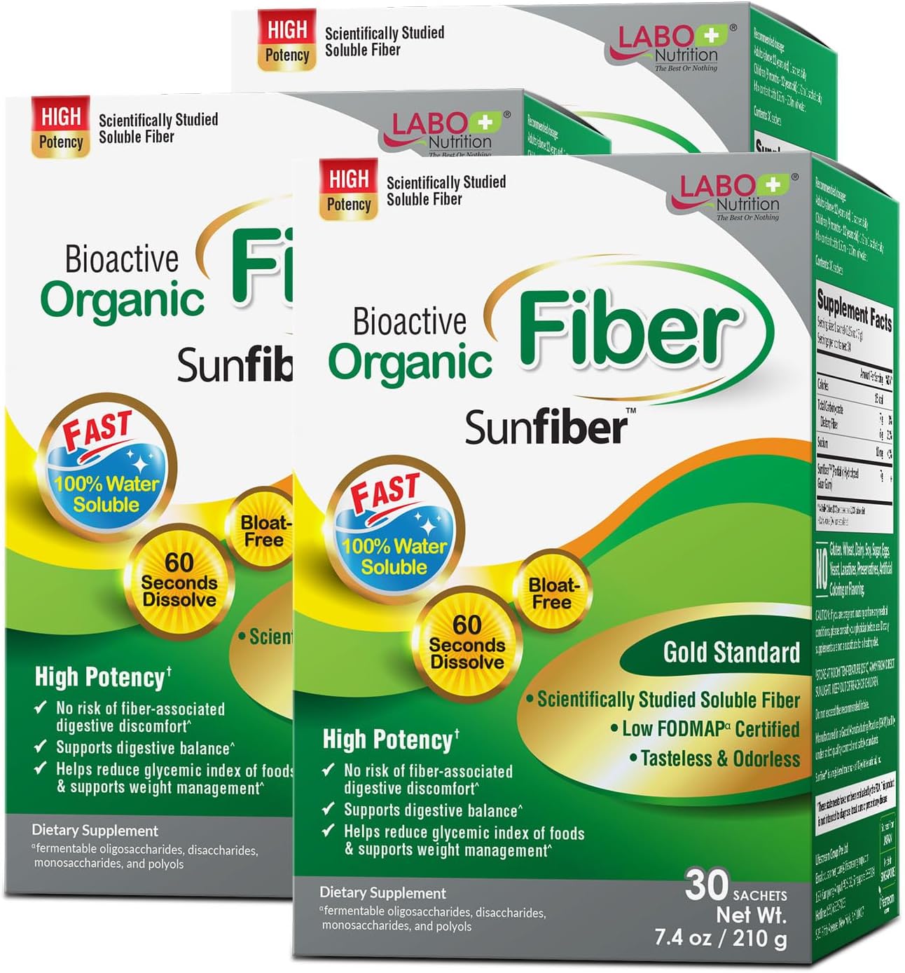 LABO Nutrition Bioactive Organic Fiber – Sunfiber PHGG Soluble Prebiotic Fiber - Digestive Regularity & Gut Health – Partially Hydrolyzed Guar Gum, Low FODMAP, Unflavored, Vegan, Non-GMO, 30 Sachetsx3