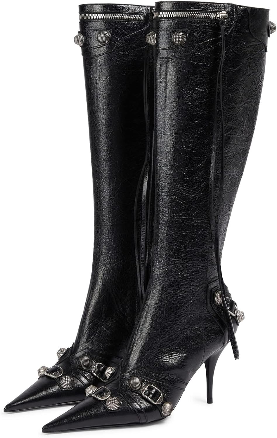 Kluolandi Women's Stiletto High Heel Knee High Boots with Tassel Pointy Toe Studded Zipper Booties Dress Shoes