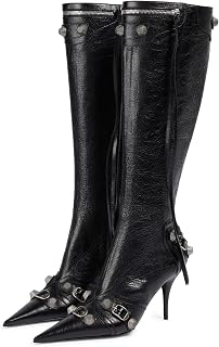 Women's Stiletto High Heel Knee High Boots with Tassel Pointy Toe Studded Zipper Booties Dress Shoes