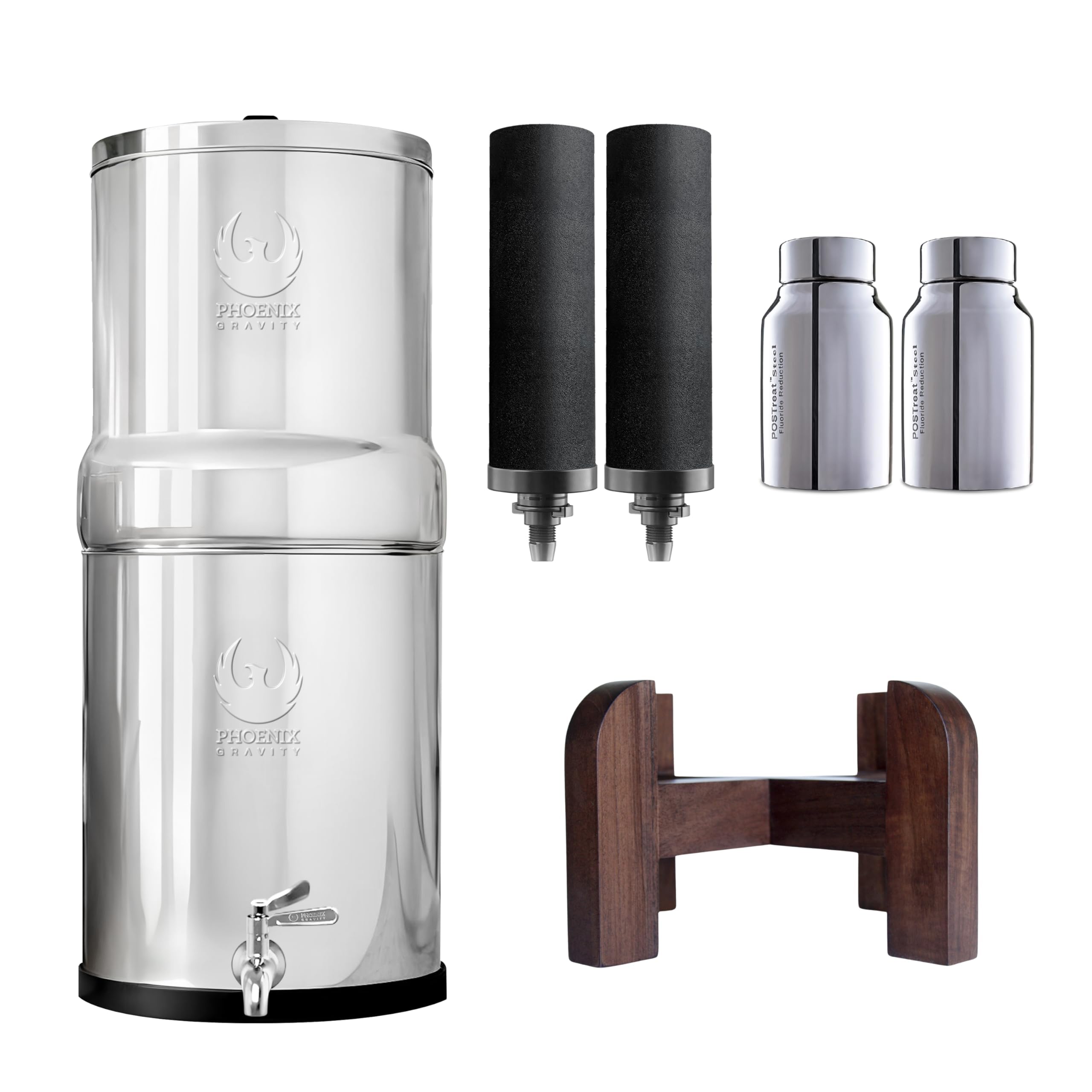 Phoenix Gravity - Sistema de filtración de agua de encimera de 12 litros, certificado NSF, acero inoxidable AISI 304, con 2 cartuchos Smart Carbon y POSTreat, y soporte de madera