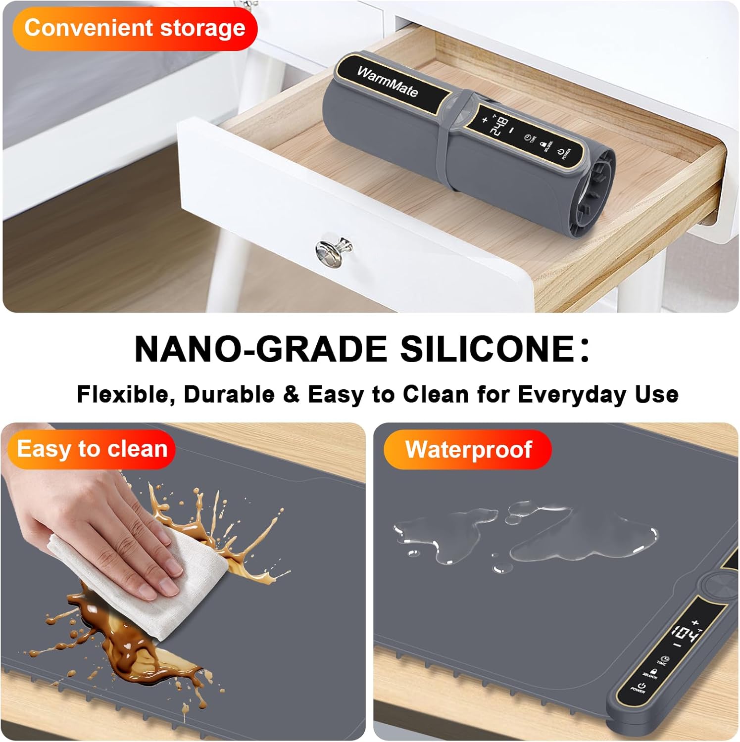 Food Warming Mat，Electric Warming Tray with 9-Level Temperature Precision Control, 6H Timer,8s Full Surface Rapid Heating, Ideal for Buffets, Parties & Gatherings (Roll-Up Design，Dark Grey)