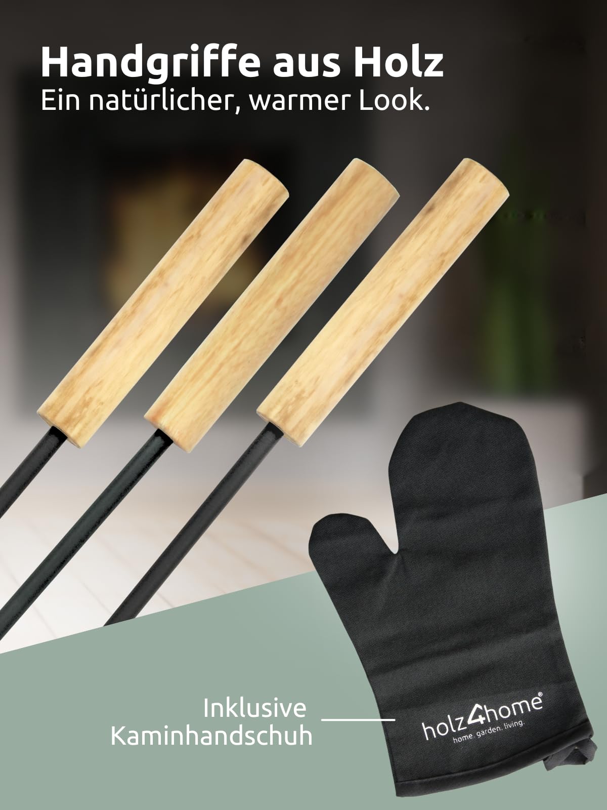 holz4home® Kaminbesteck 5-tlg. Grauschwarz mit Holzgriff inkl. Ofenhandschuh I Kaminset Kamingarnitur Anthrazit Ofenbesteck Schürhaken Besen Ascheschaufel