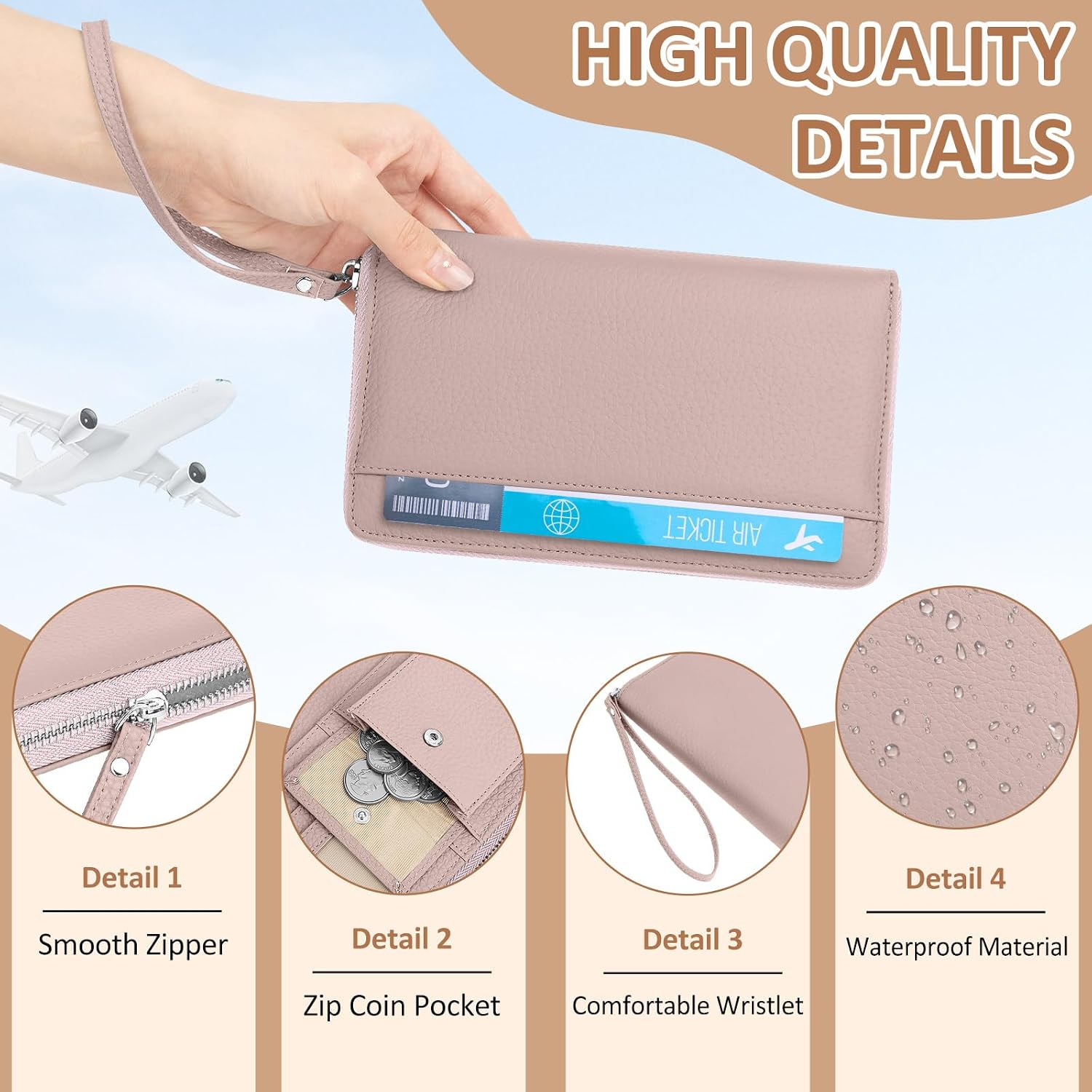 Passport Holder For Travel, Leather Passport Holder RFID Passport Wallet With Zipper Coin Pocket And Wristlet Strap Women And Men Passport Case For Credit Card, ID, Cash.Pink