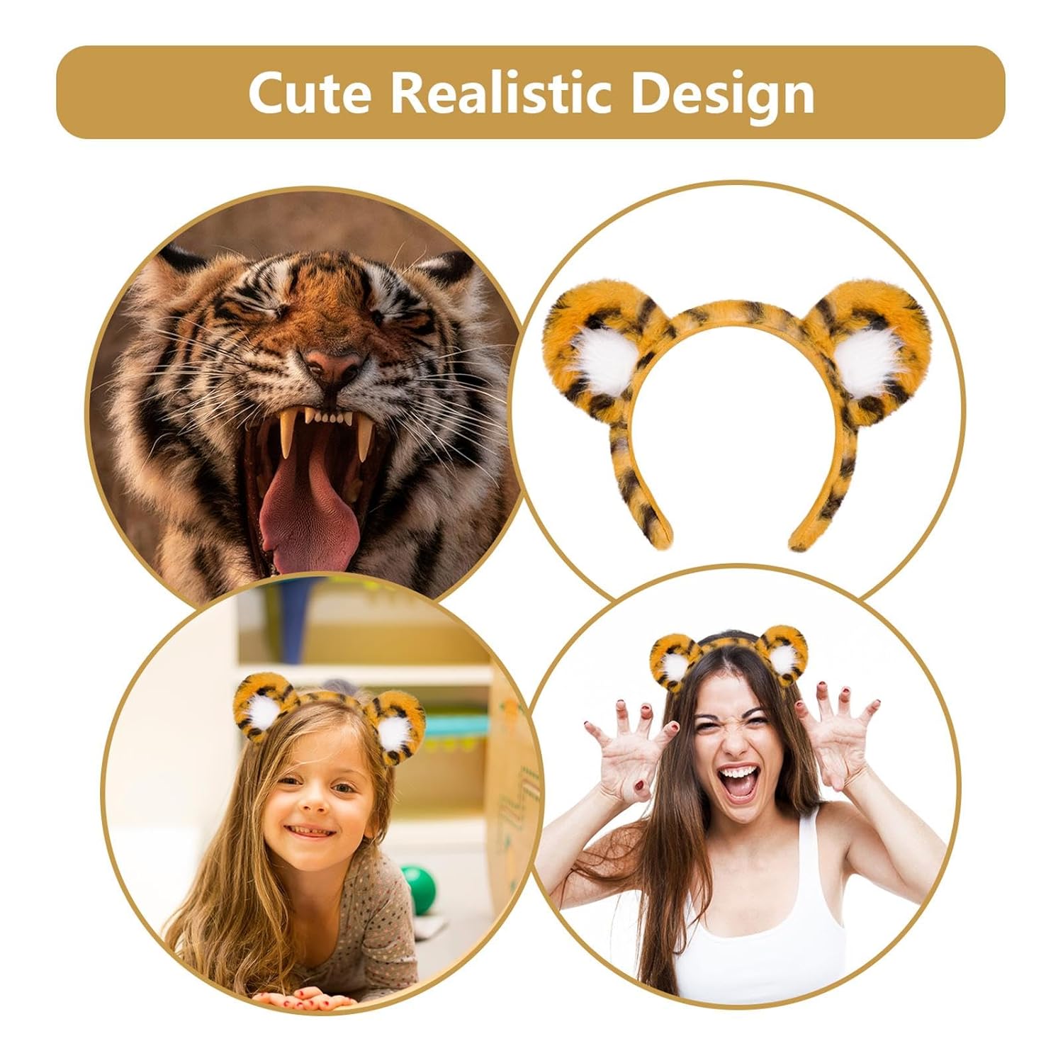 Beviliu 2Pack Animals Ear Tiger Ears Headband Realistic Fluffy Cat Bunny Dog Monkey Headbands Halloween Christmas Costume for Washing Makeup Cosplay Party - Image 4