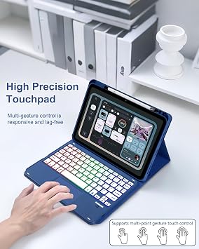 MePadKey Touchpad Keyboard Case for iPad A16 11th/10th Generation/Air 11 inch M4 M3 M2/Air 5th 4th 10.9-inch,Rainbow Backlight Type-C Charging Keyboard Cover with Stylus Pencil and Mouse, Dark Blue