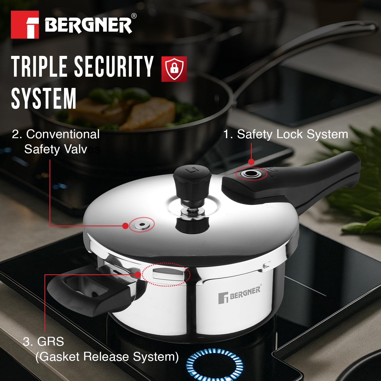 Bergner Argent Elements Triply Stainless Steel 2.4 L Outer Lid Pressure Cooker, Healthy Cooking, Even Heat Distribution, Sturdy Handle, Easy Lock System, Safety Gasket - Induction and Gas Stove Ready 2