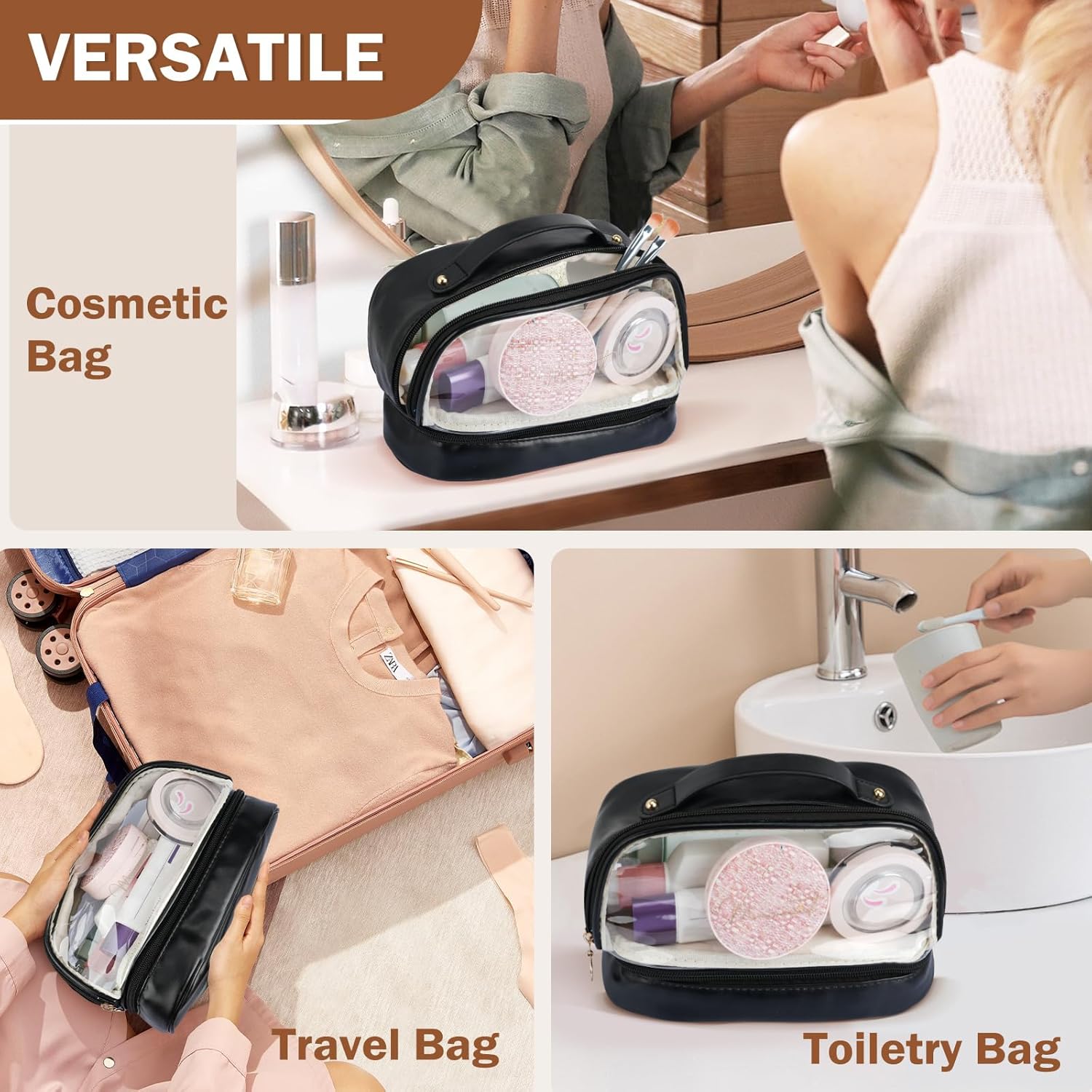 Yowivon Makeup Bag Travel Toiletry Bags Cute Preppy Skincare/Cosmetic Bag PU Leather Waterproof Makeup Organizer Zipper Pouch, Gifts for Women Mom Bride Bridesmaids - Image 6