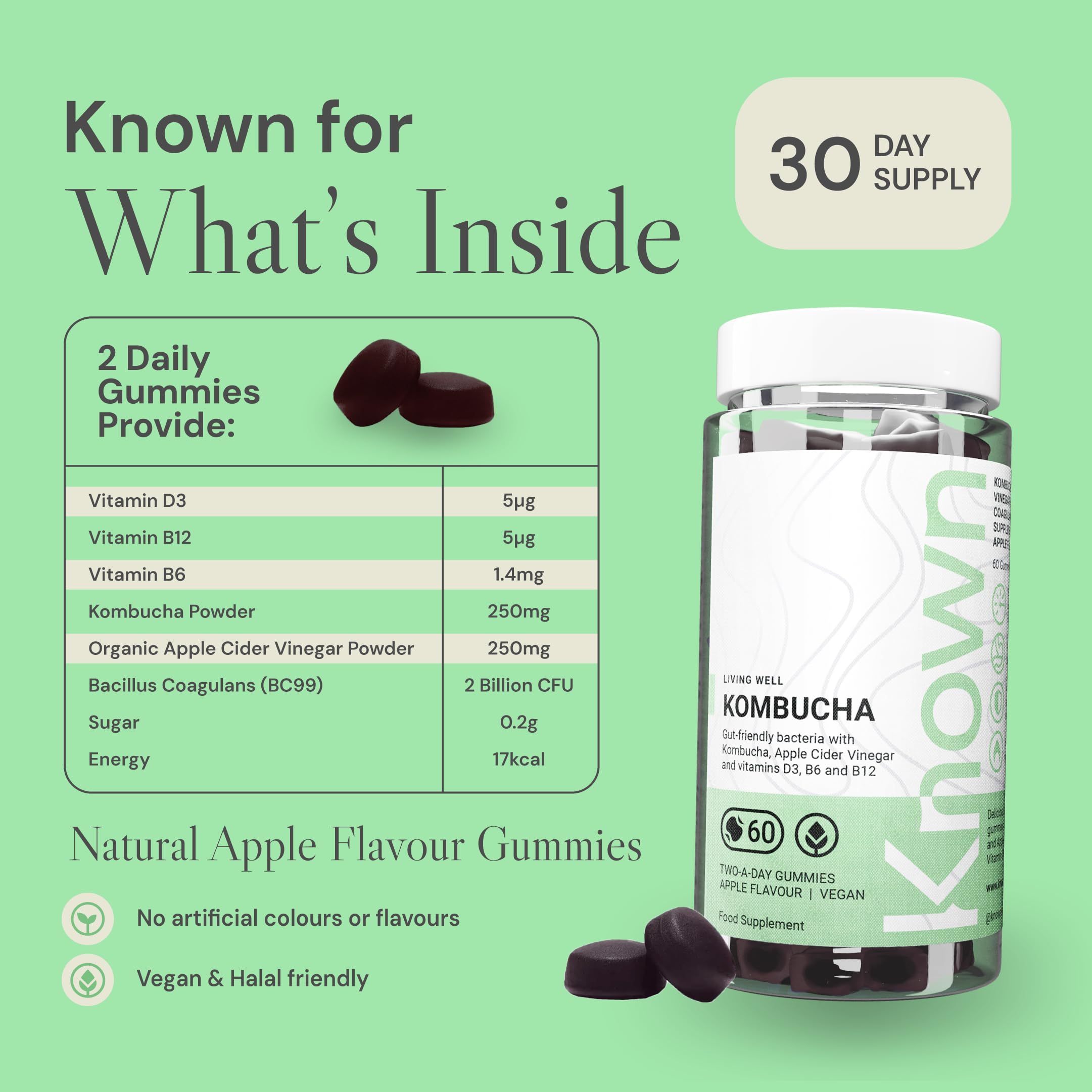 Gummies Délicieux Kombucha Known – Vinaigre de Cidre, Bactéries Amies de l’Intestin & Vitamines B – Saveur Pomme – 60 Gummies Vegan, 1 Mois