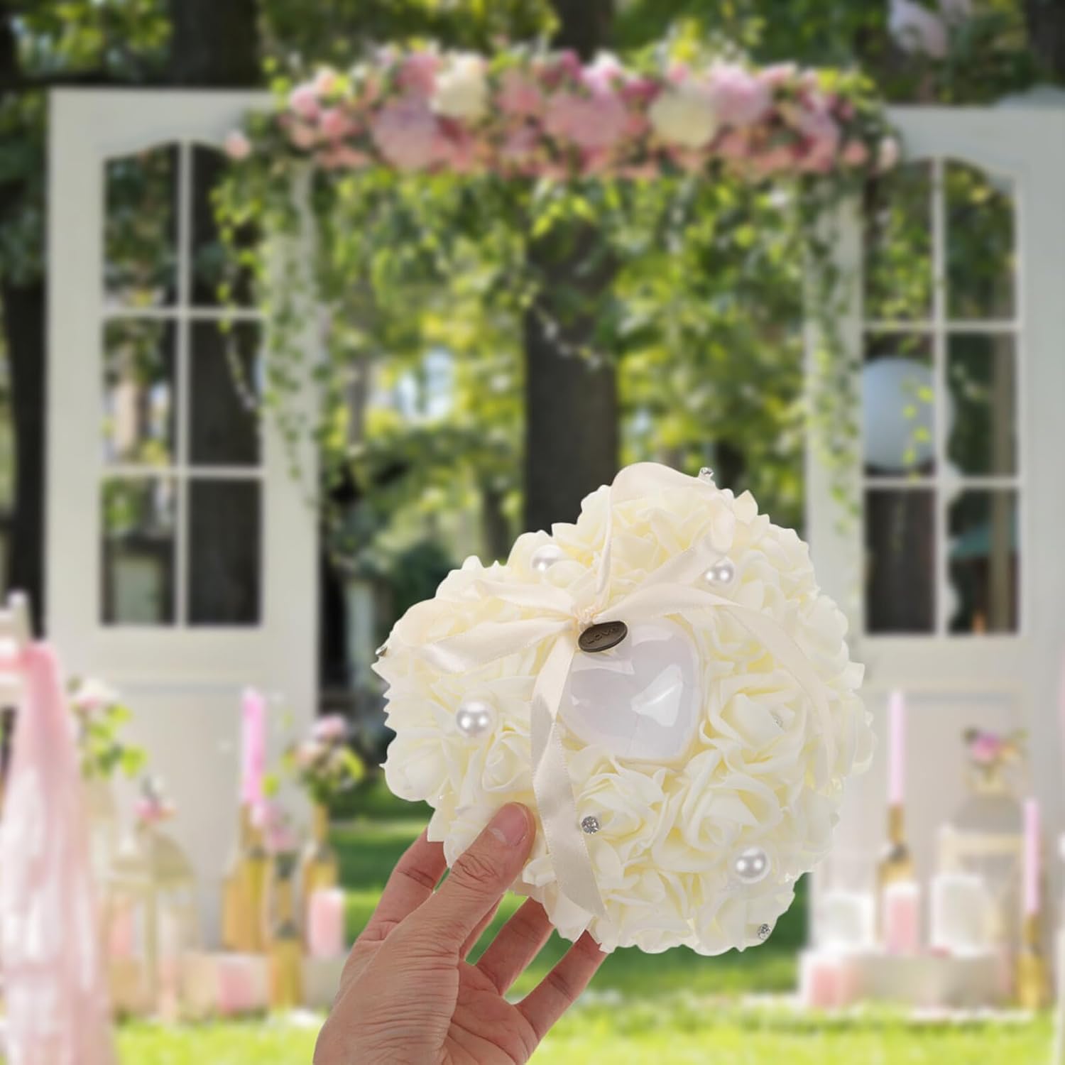 Cabilock Heart Shaped Wedding Ring Pillow with Pearl and Pe Foam Rose, Milk White Ring Bearer Cushion for Bridal Ceremony and Wedding Party Decoration