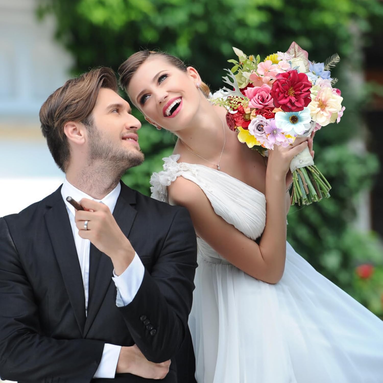 ASTRYAS Fake Artificial Flowers Combo Set Silk Camellia RosesDIY Center Cake Decoration Wedding Bouquet Corsage Home Decor Outdoor Decor Gift (Rainbow Flower) - Image 5