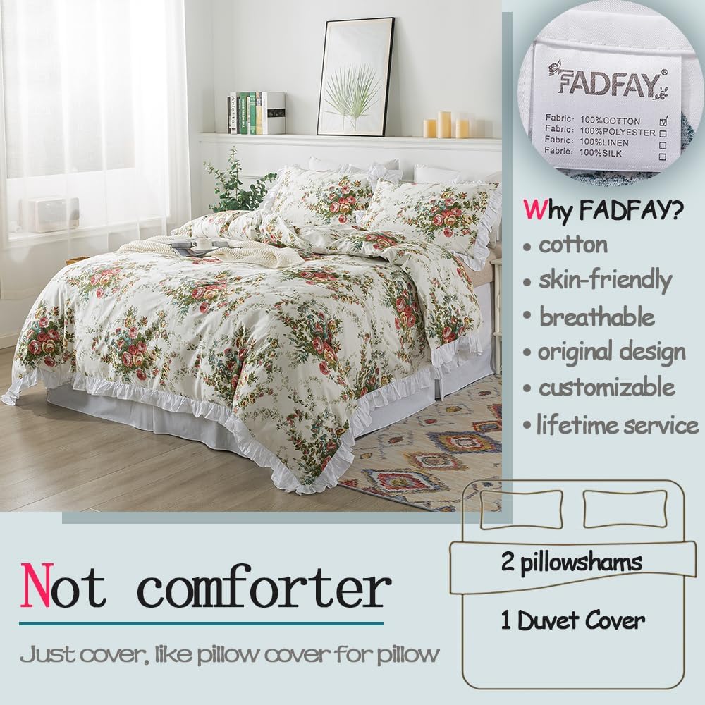 FADFAY Floral Duvet Cover Set Queen Size 100% Cotton Ruffle Vintage Rose Comforter Cover Set, Red Teal Flower Printed Off White Girls Shabby Bed Covers,Soft and Breathable Queen Size, 3 Pcs
