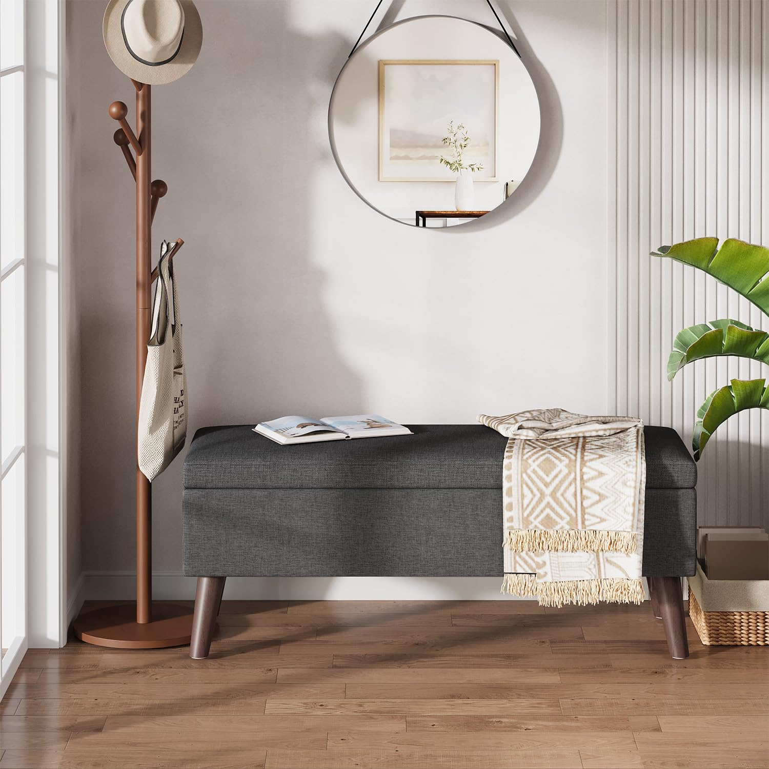 Banquette Coffre, Banc Bout de Lit en Lin, Gris