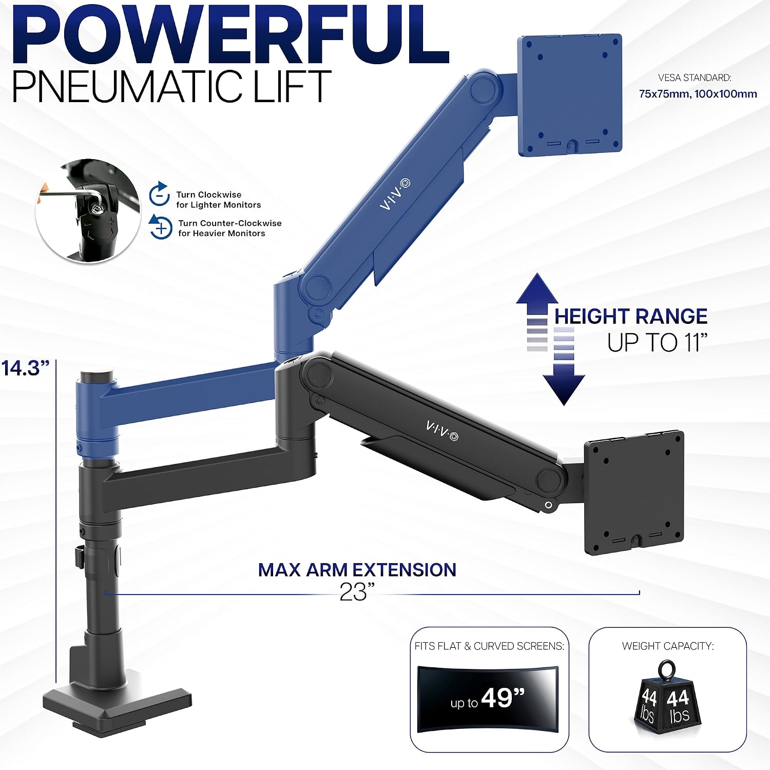 VIVO Aluminum Ultrawide Monitor Tension Stand with Extension Pole for up to 49 inch Screens, Holds 44 lbs, Premium Desk Mount Designed for Samsung Odyssey G9 and More, Black, STAND-POLE1V