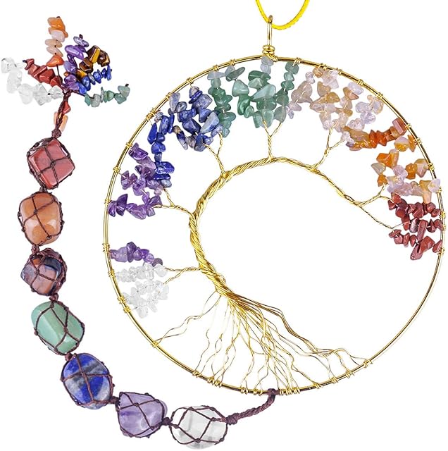Nupuyai 7 Chakra Healing Crystals Tree of Life Wall Hanger, Tumbled Gemstones Meditation Hanging Ornament Window Wedding Home Decor, 15cm Width
