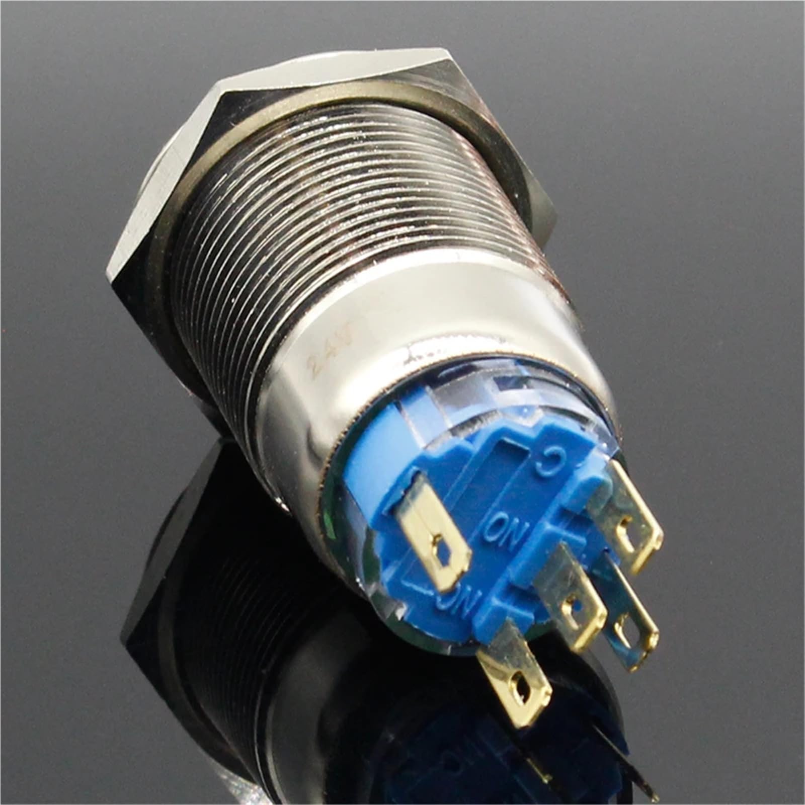 Interruttore a pulsante in ottone tipo L in metallo da 19 mm, illuminazione rotonda piatta, momentaneo, 1NO 1NC, 1 pezzo(Blue (arrow),Momentary,220V)