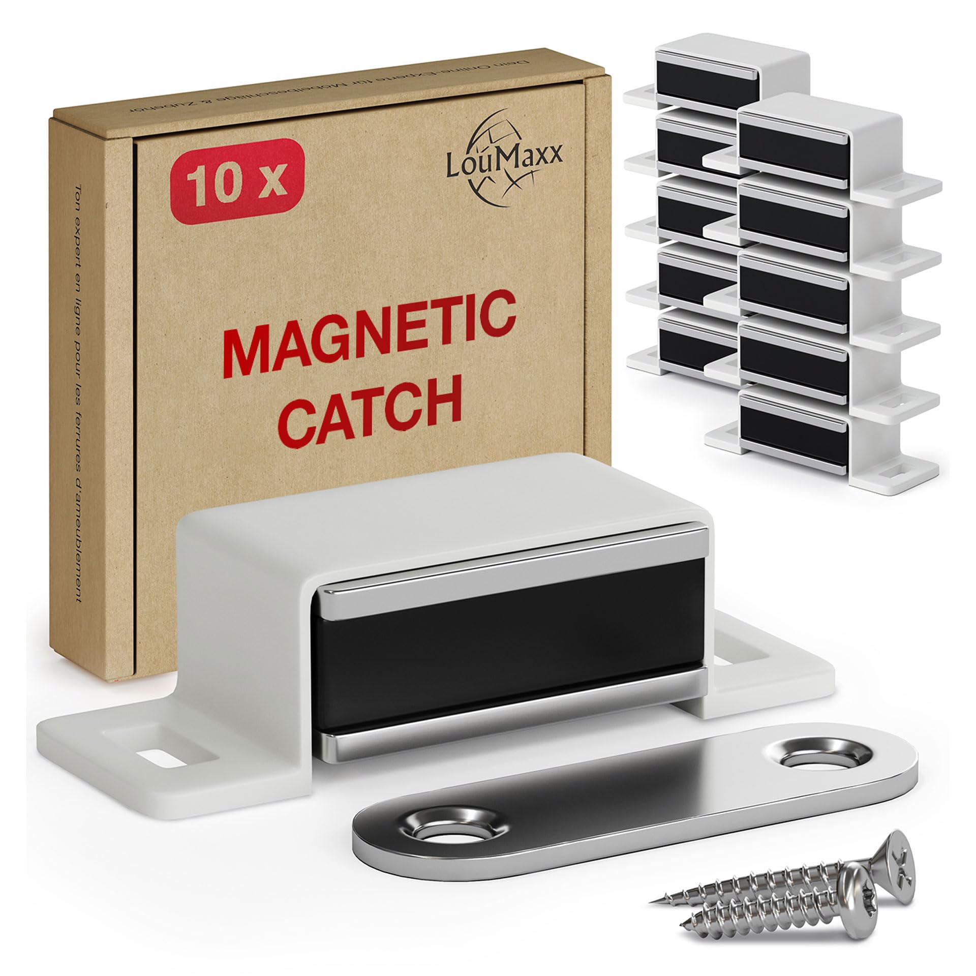 Loumaxx White Strong Door Magnets - Holding Force - Set Of 10 In – Magnetic Door Catch – Cabinet Magnets – Magnetic Cupboard Catches – Wardrobe Magnetic Door Catch 4Kg