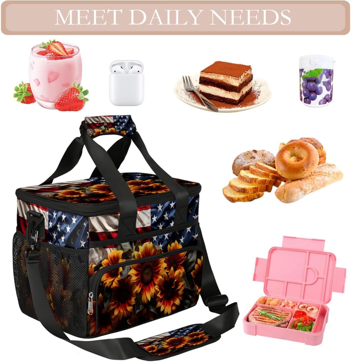 Large Lunch Box for Women Men Insulated Thermal Lunch Tote Bag Usa Flag Sunflowers Reusable Cooler Bag Portable Adult Lunchbox Container with Adjustable Strap for Work Picnic