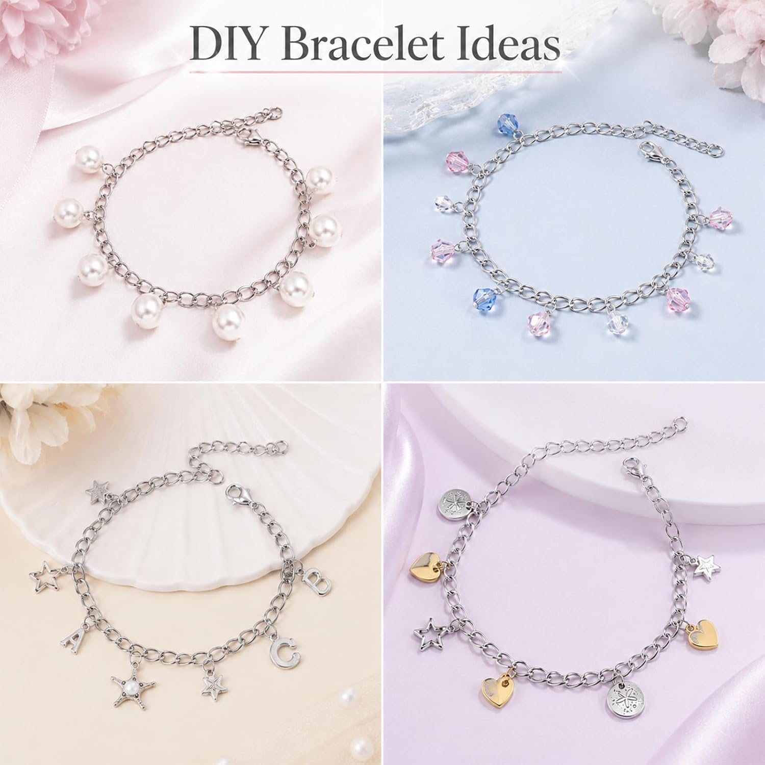 12 Pcs DIY Charm Bracelet Chain, Silver Bracelet with Lobster Clasps