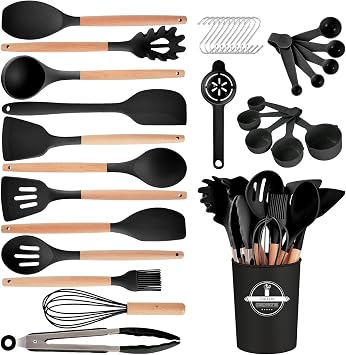 Kitchen Utensils Set - 34 PCS Non-Stick Silicone Cooking Utensils Set Spatula Set with Holder, Wooden Handle Spoon,Brush,Whisk Kitchen Gadgets Tools Set for Nonstick Cookware Black-34P